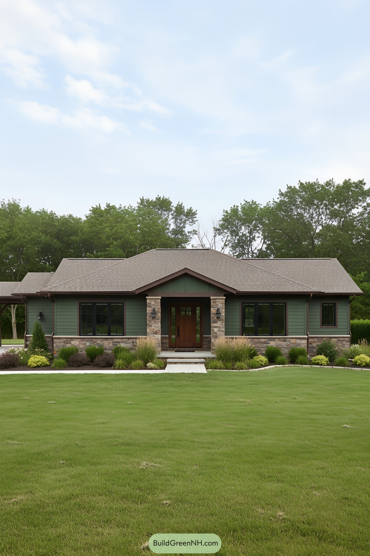 Green ranch home with stone porch and dark trim