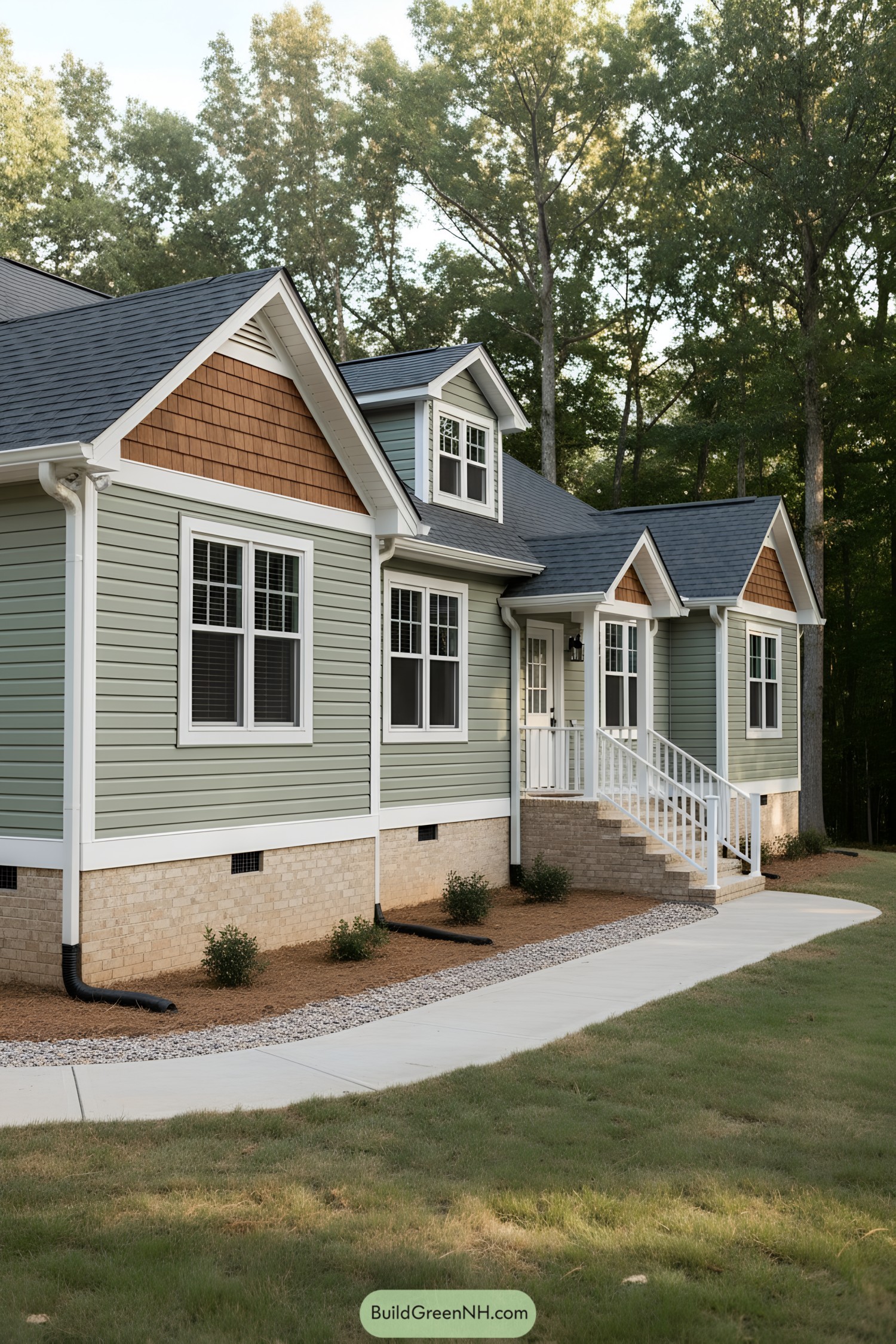 Green ranch with gables and brick base