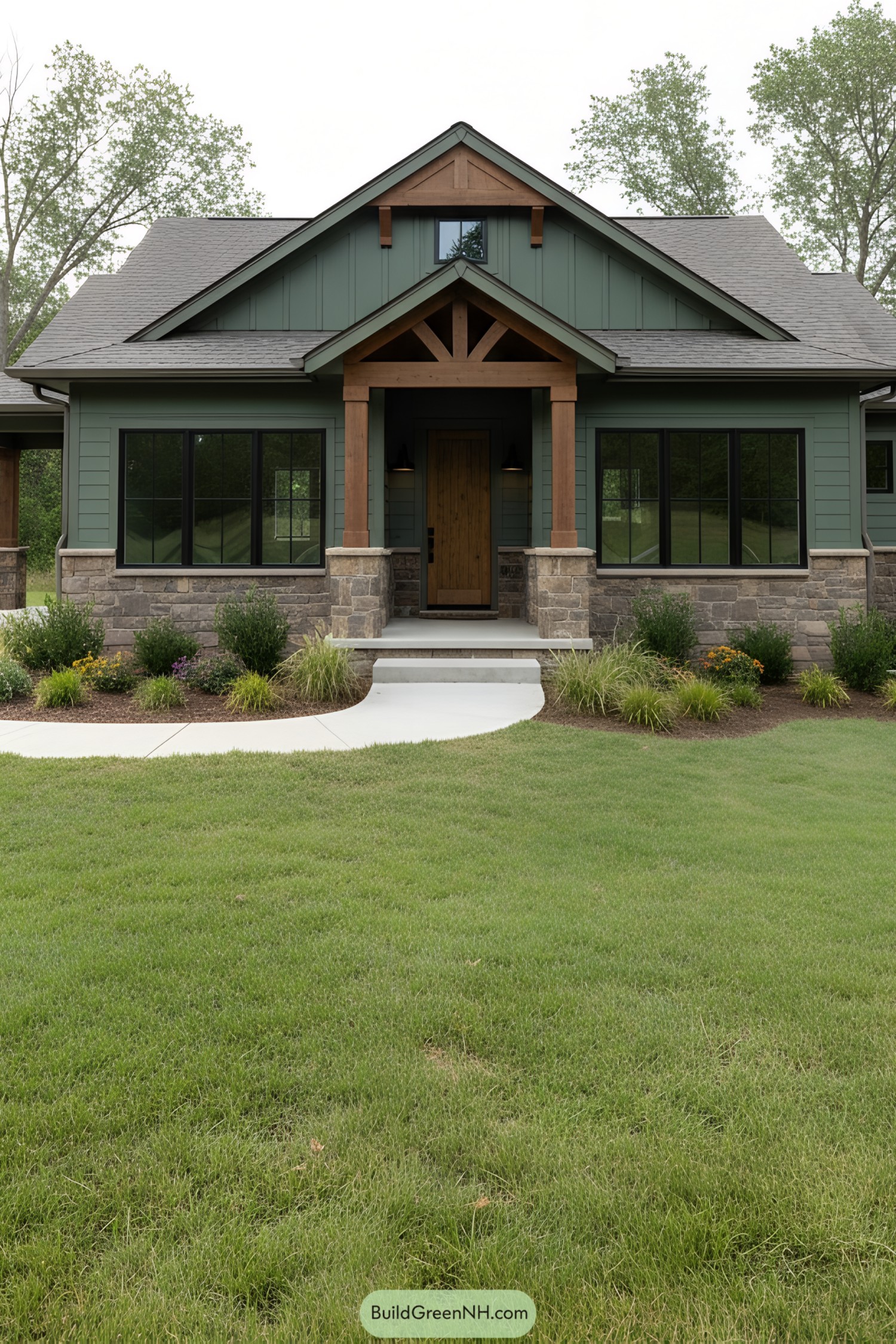 Green ranch house with timber porch and stone base