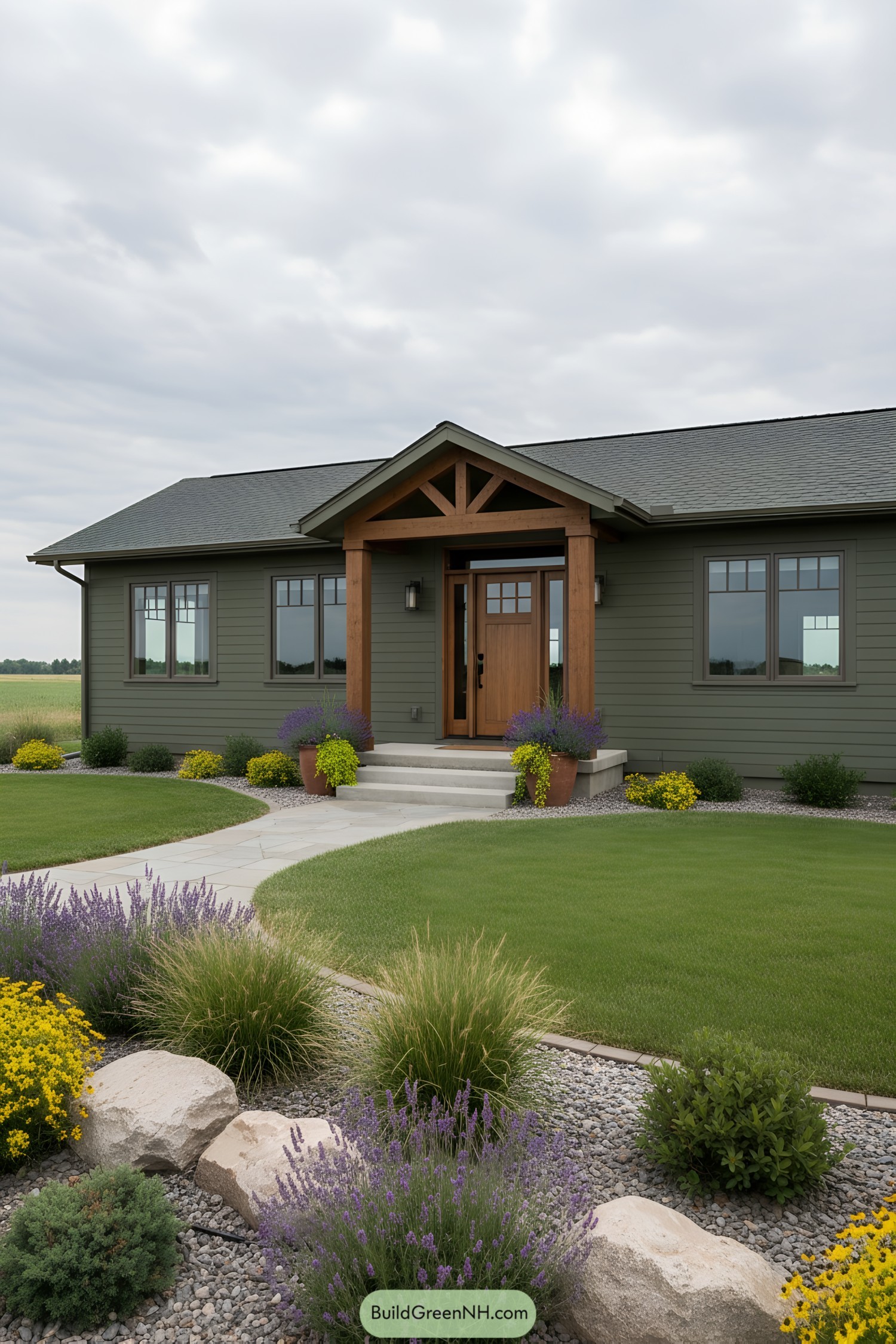 Green ranch with timber entry and tidy xeriscape