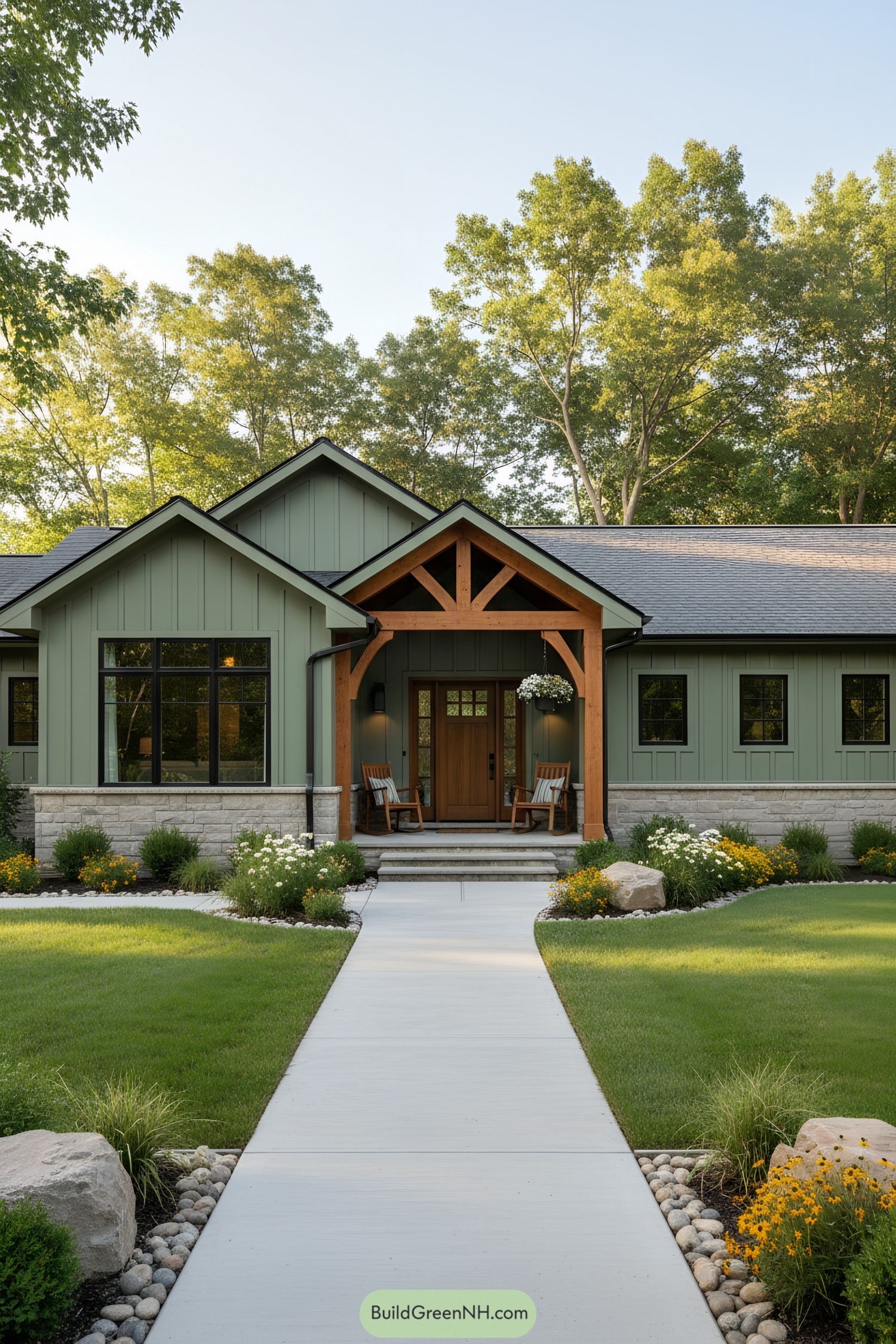 Green ranch house with timber gable entry, stone base, and manicured garden path
