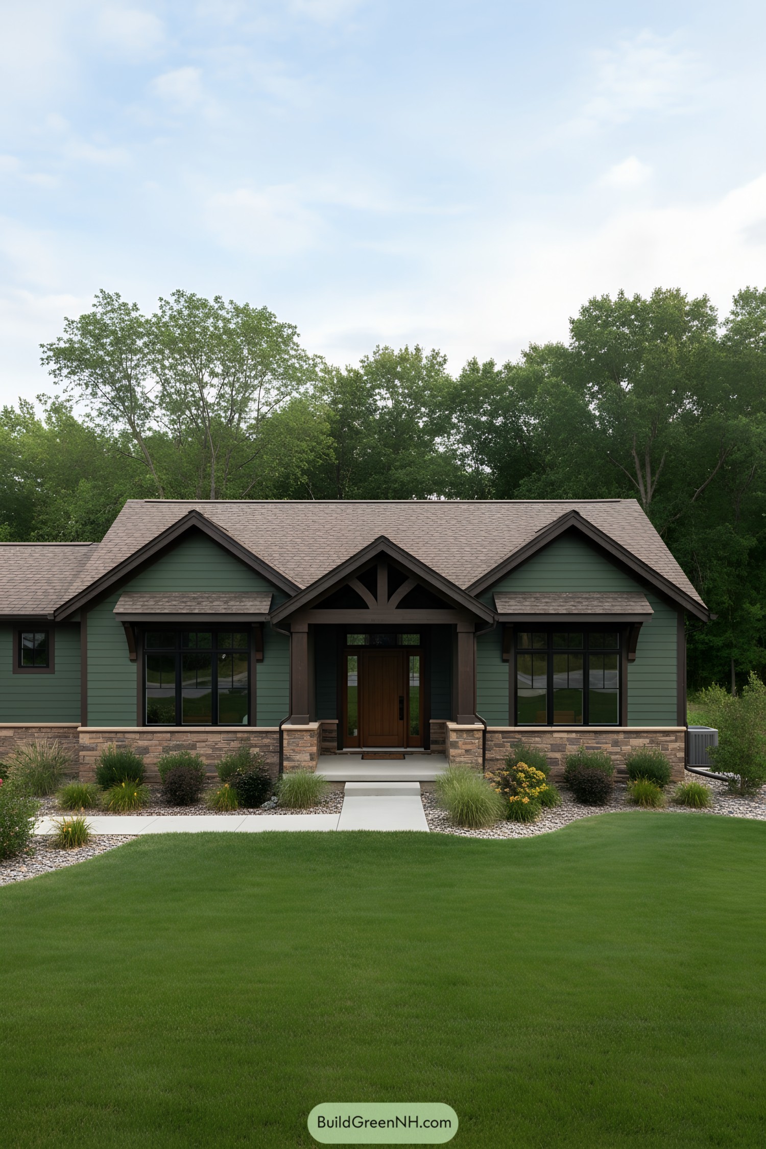 Green ranch home with stone base and timber-truss entry