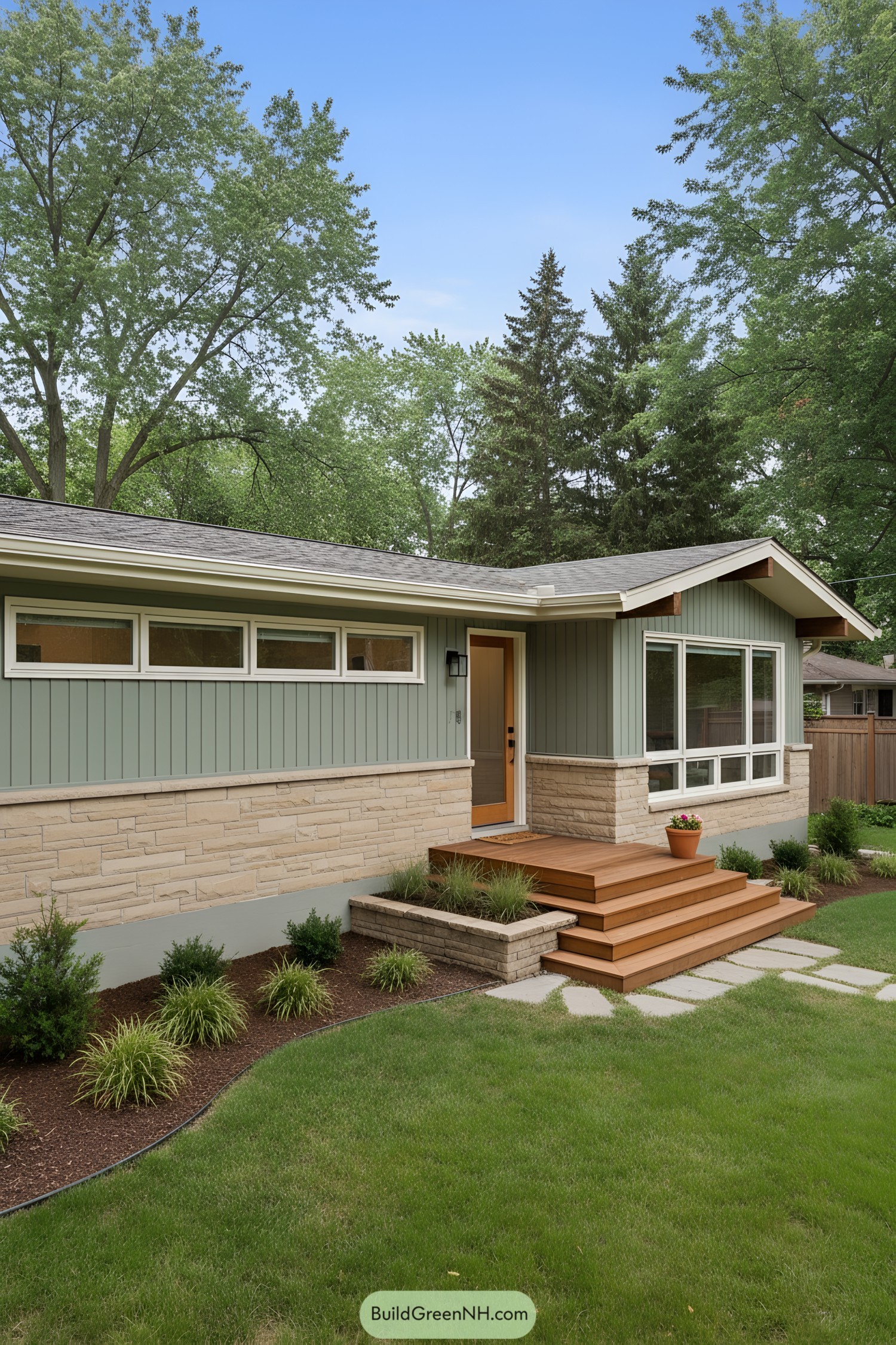 Green ranch house with stone base and wood steps