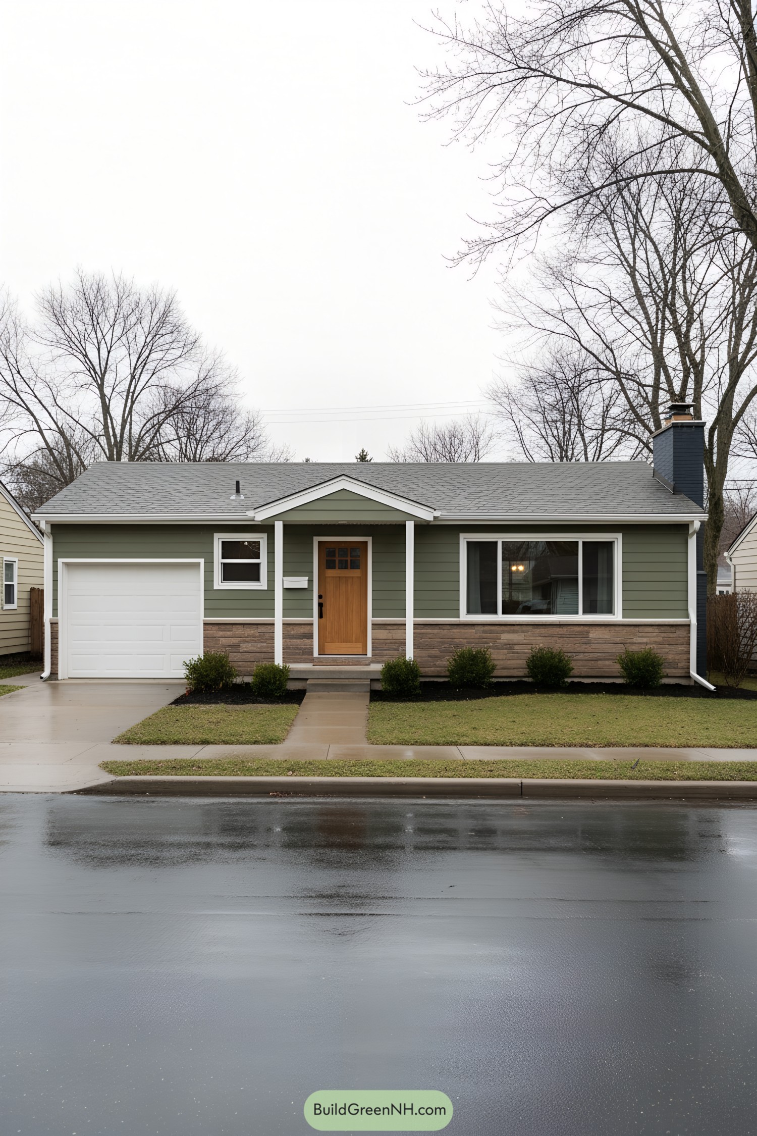 Green ranch house with stone wainscot, white trim, and wood front door