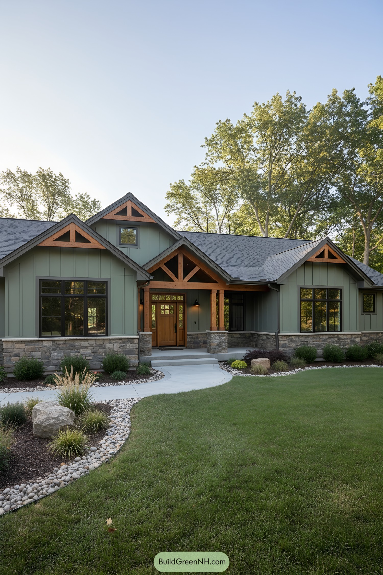Green ranch house with stone base and timber trusses framing a welcoming porch
