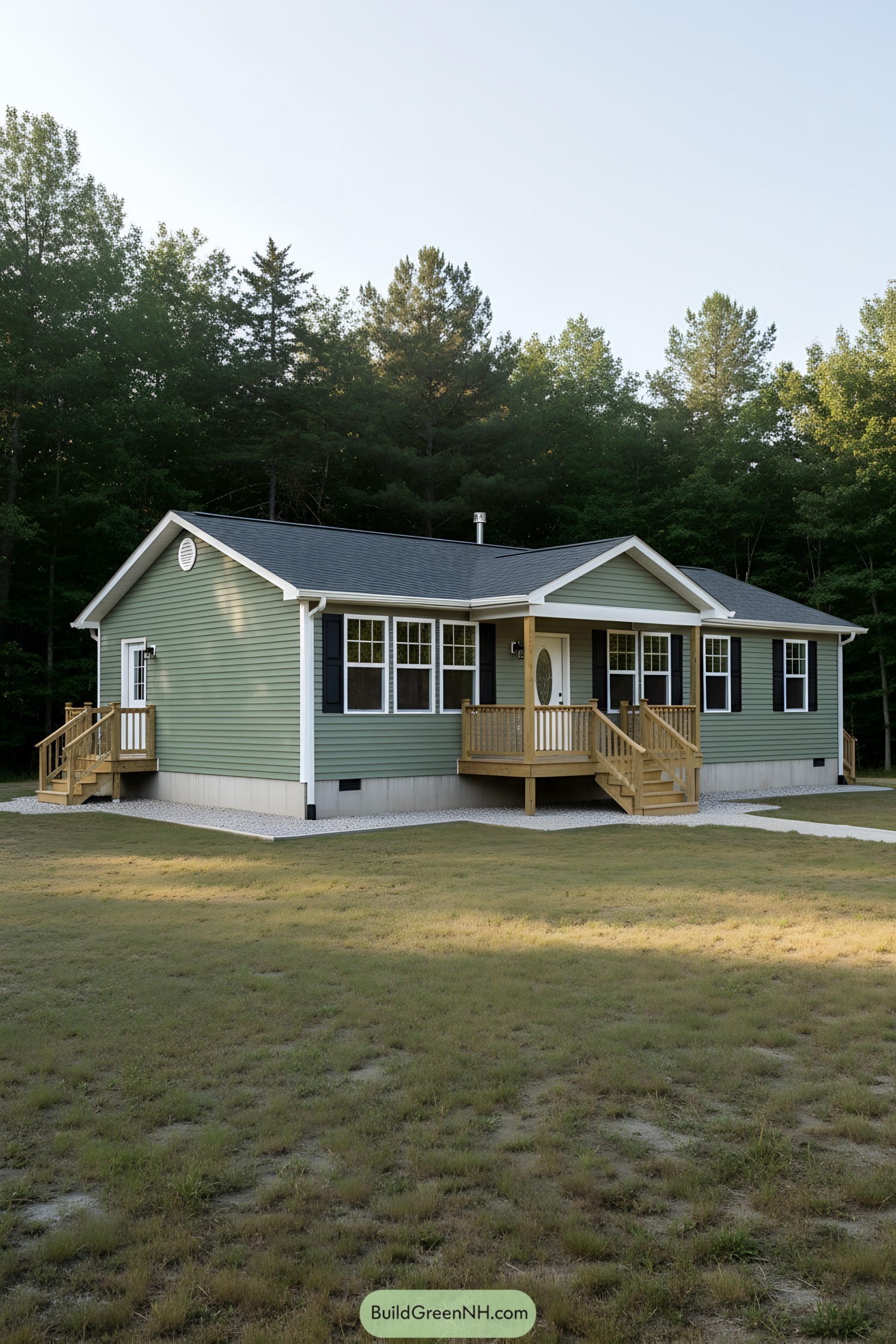Single-story green ranch with front porch and steps in a wooded clearing