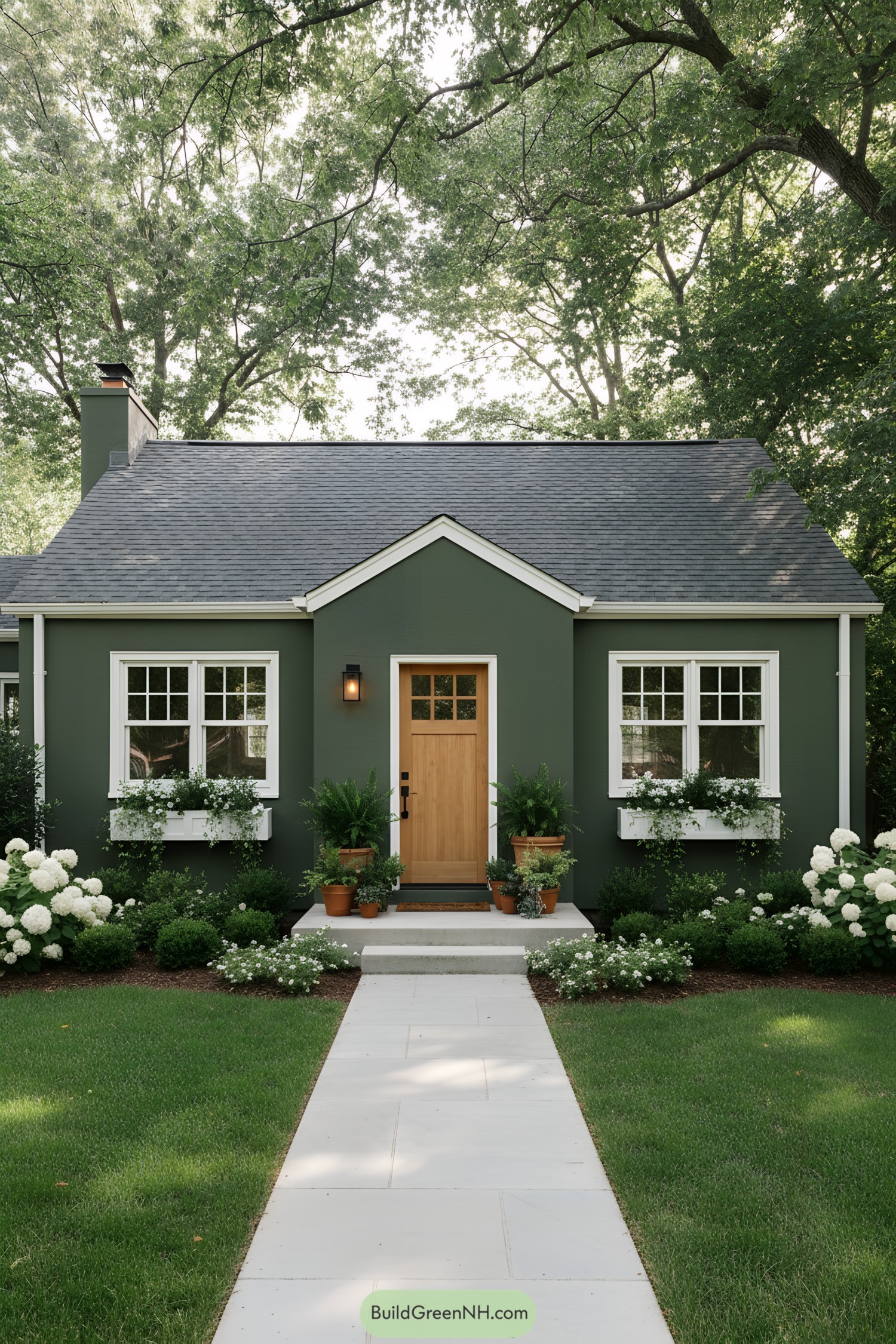 Green ranch house with wood door, white trim, and lush plantings