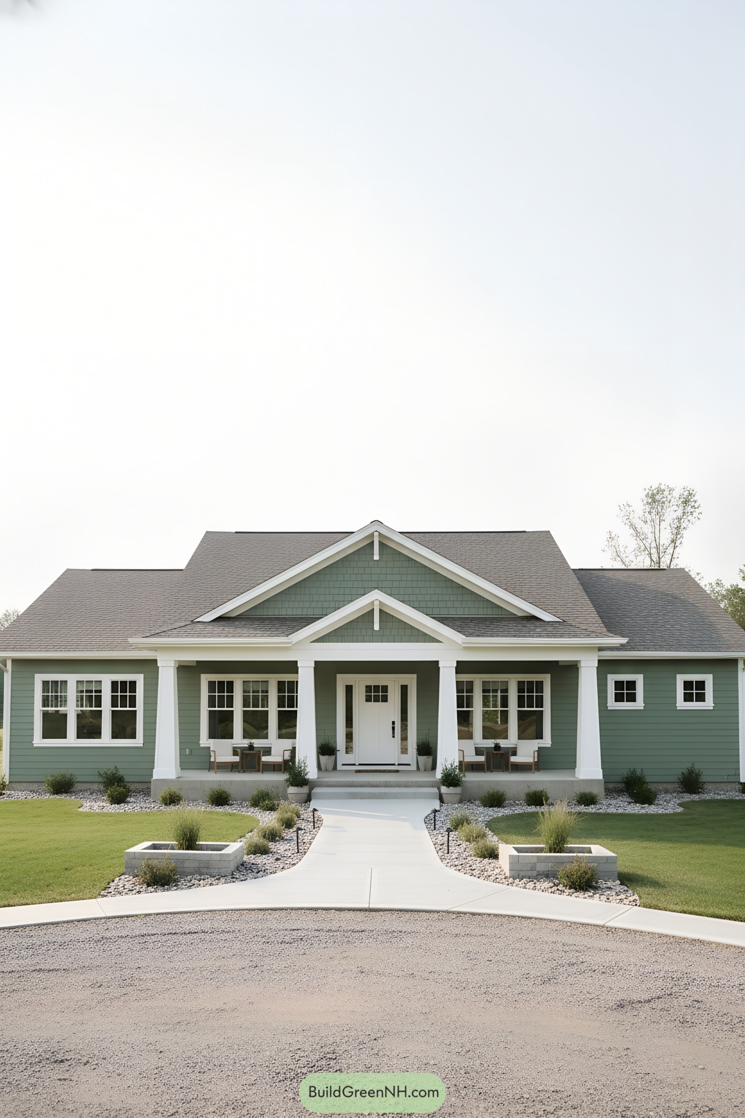 Green ranch house with white trim and columned porch