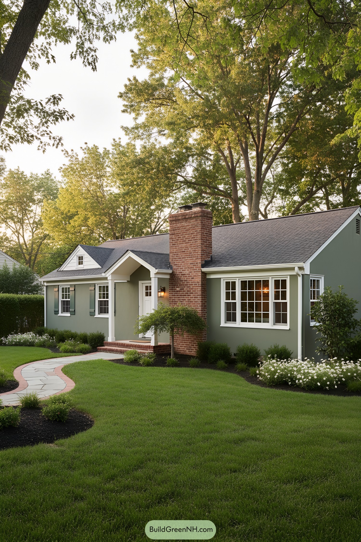 Green ranch house with brick chimney and white trim