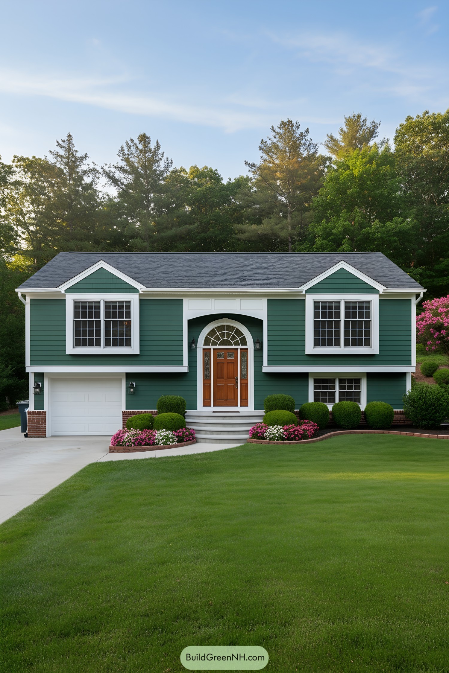 Green split-level ranch with white trim