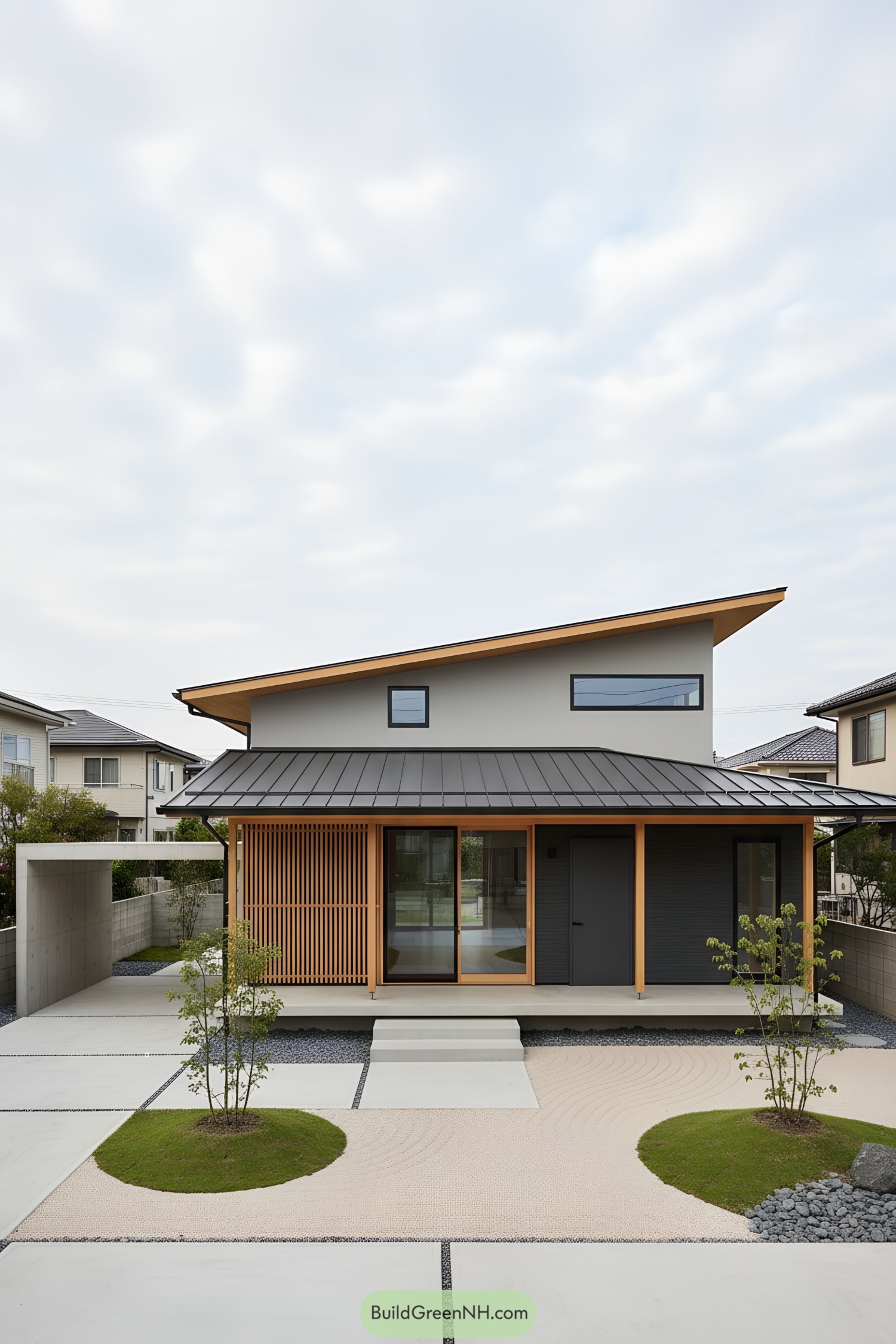 Minimalist japandi house with sloped roof and raked gravel garden