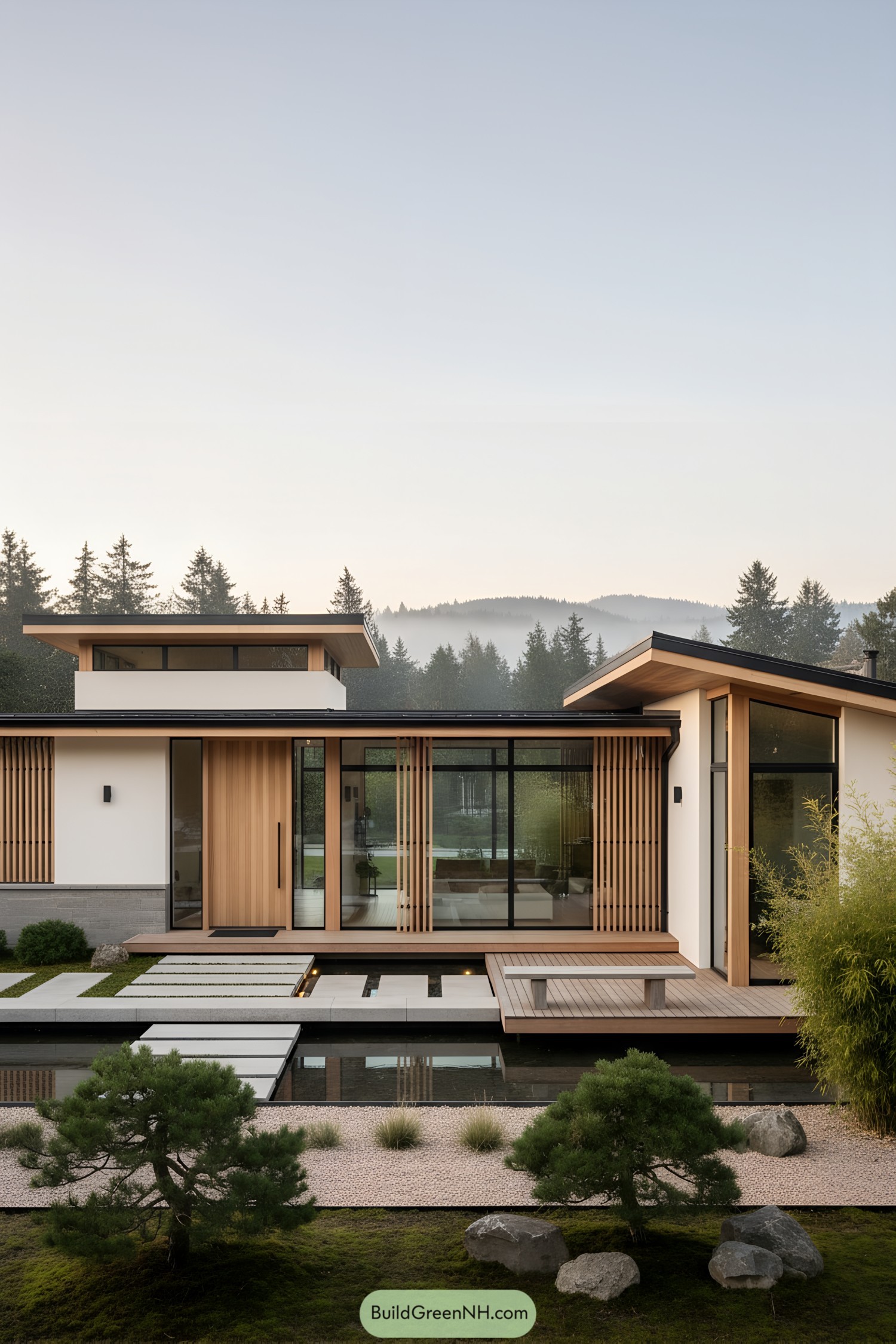 Japandi house with timber slats and reflecting pond