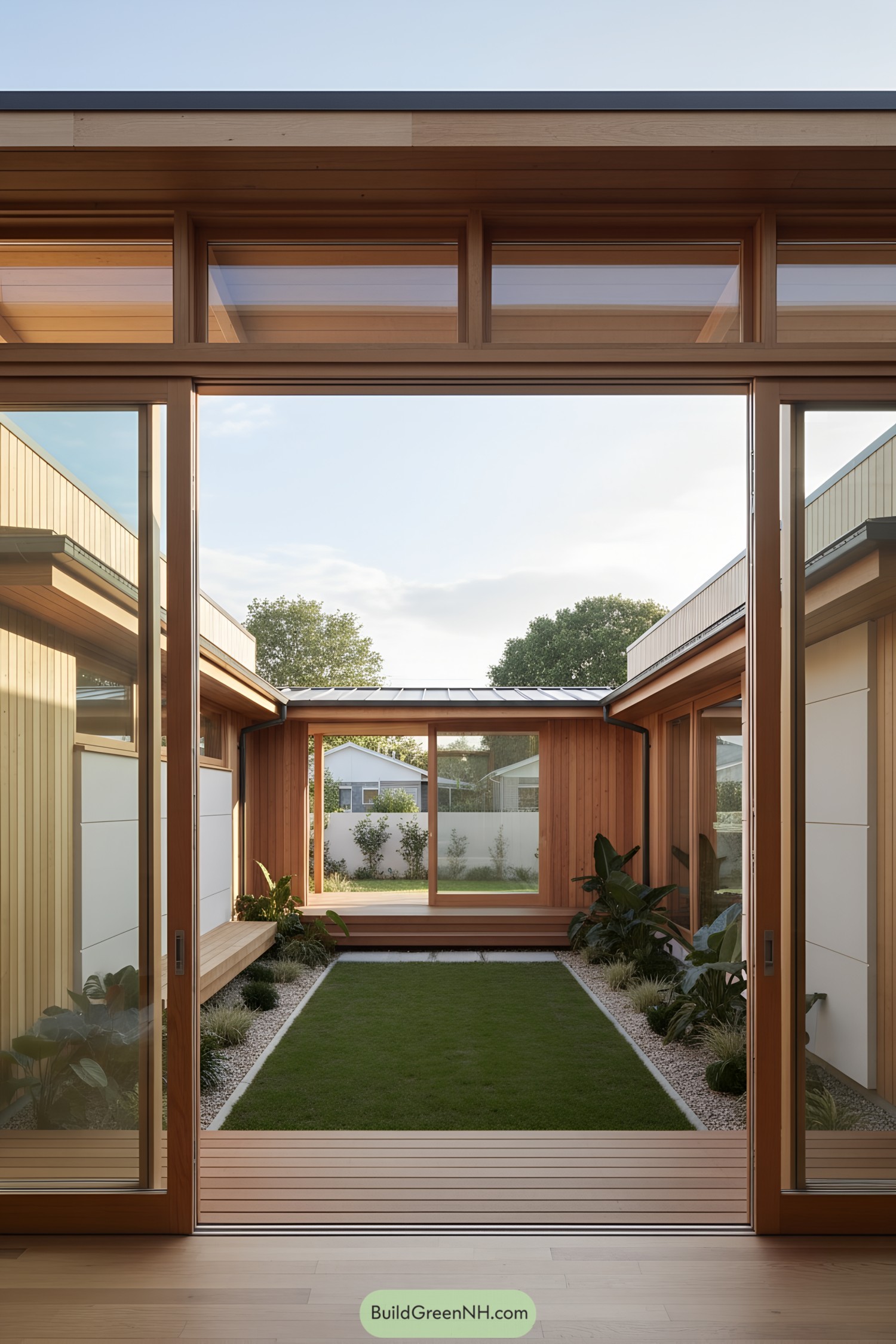 Open cedar courtyard with lawn and sliders