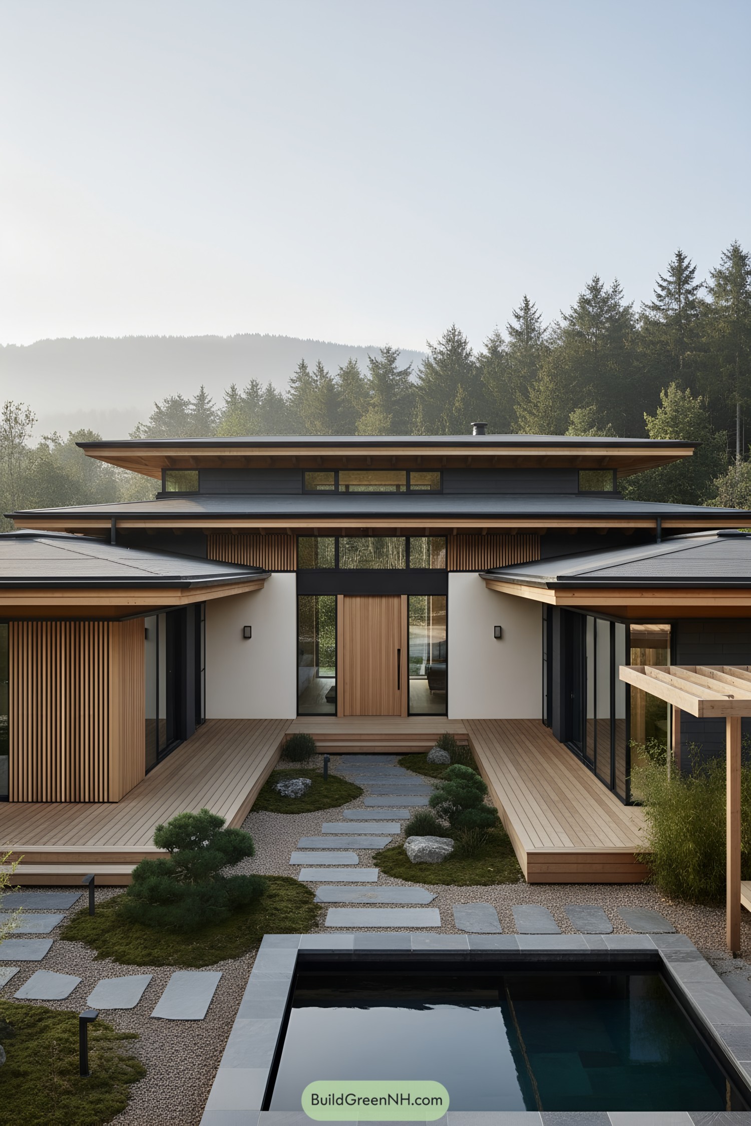 Japandi courtyard house with tiered roofs and reflecting pool
