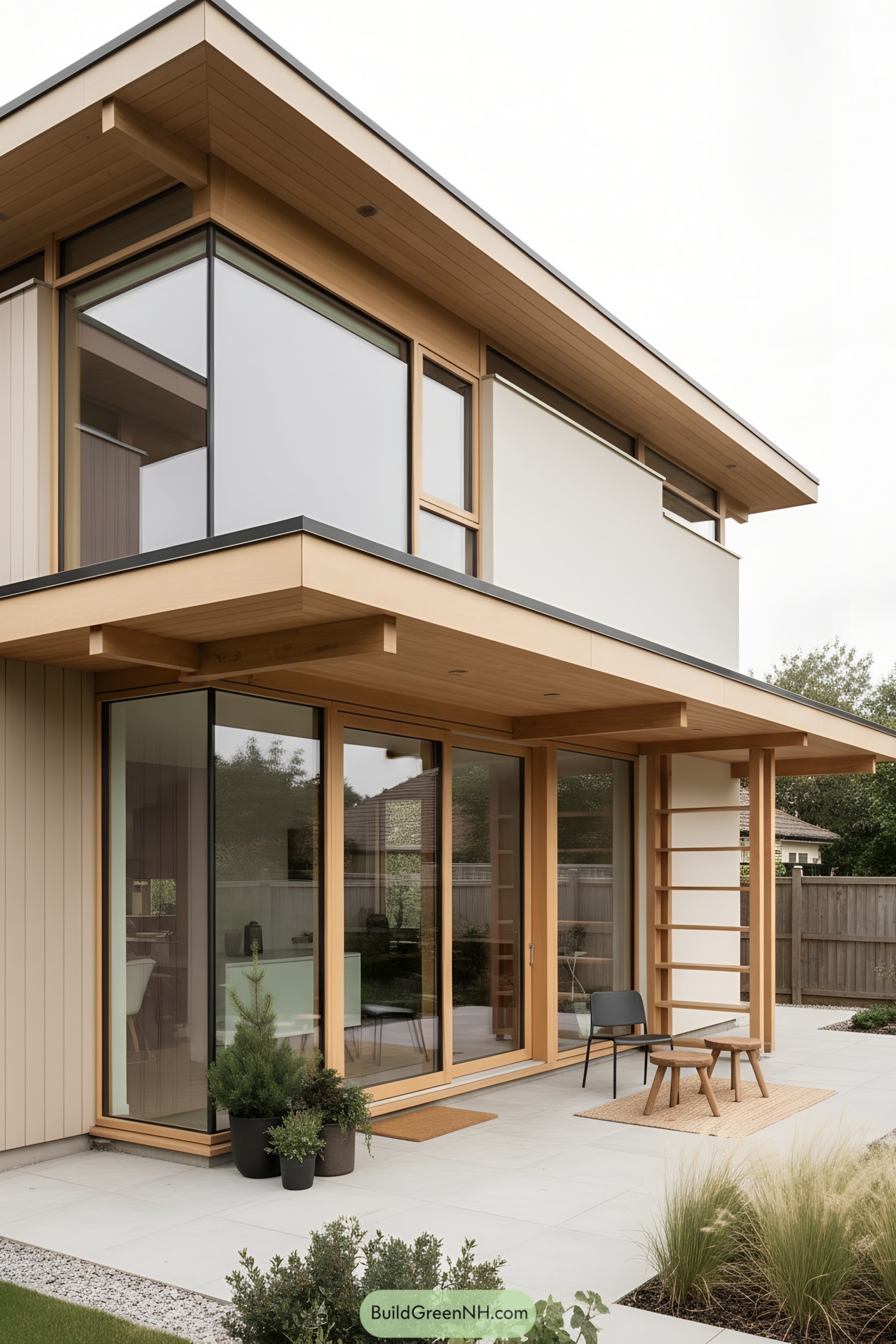Two-story japandi house with wide eaves, pale cedar frames, and large glass sliding doors opening to a minimalist patio