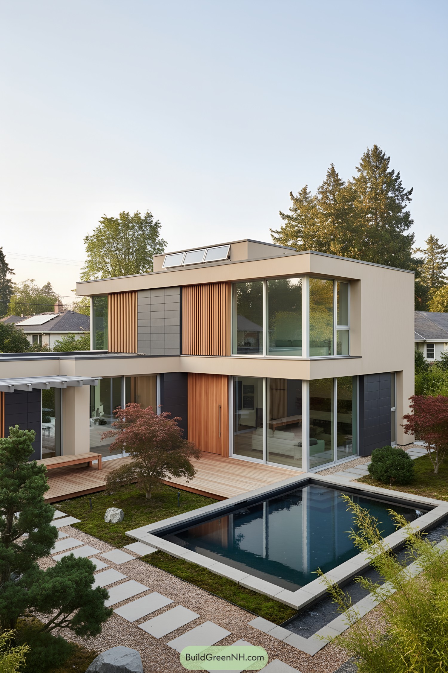 Two-story japandi home with cedar slats, glass walls, and a reflecting pool courtyard