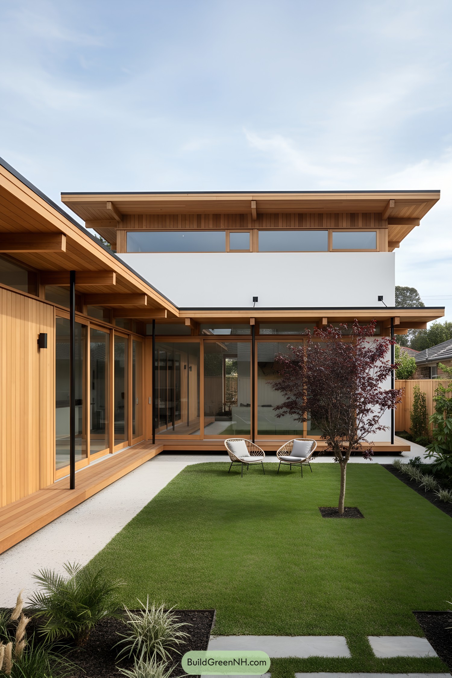 Japandi house with cedar, glass, courtyard
