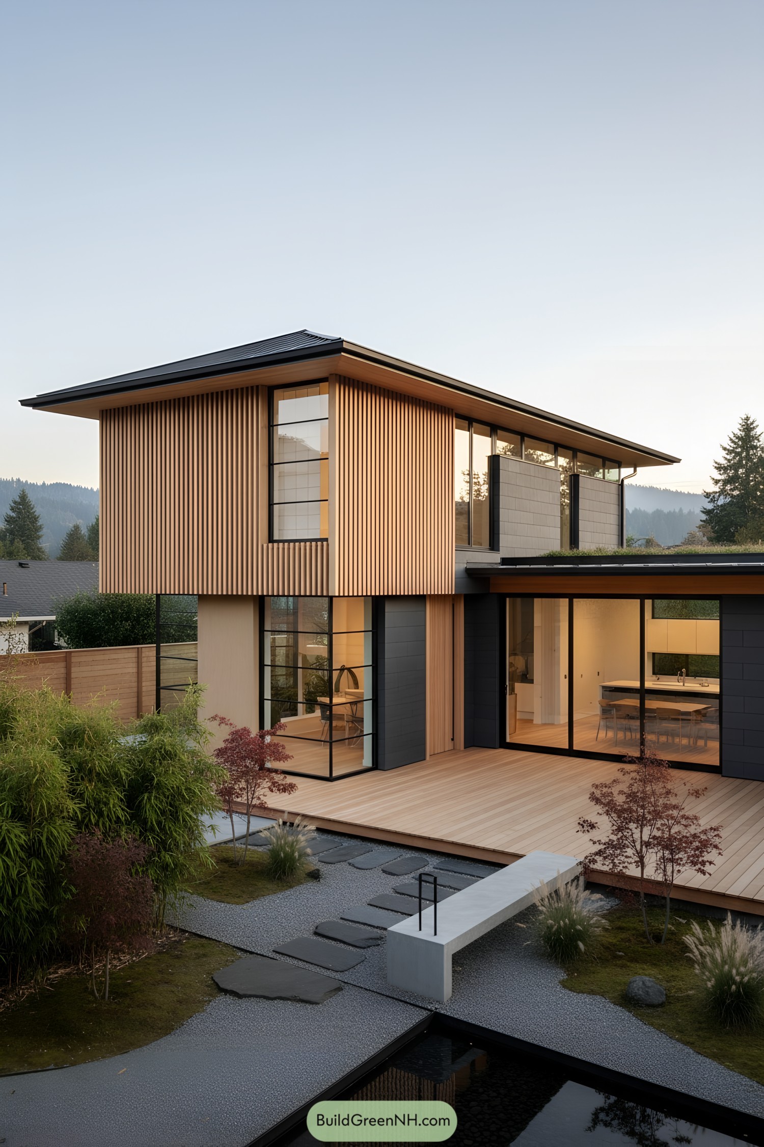 Two-story japandi home with cedar slats, black-framed glass, and a stepping-stone garden path beside a reflecting pond