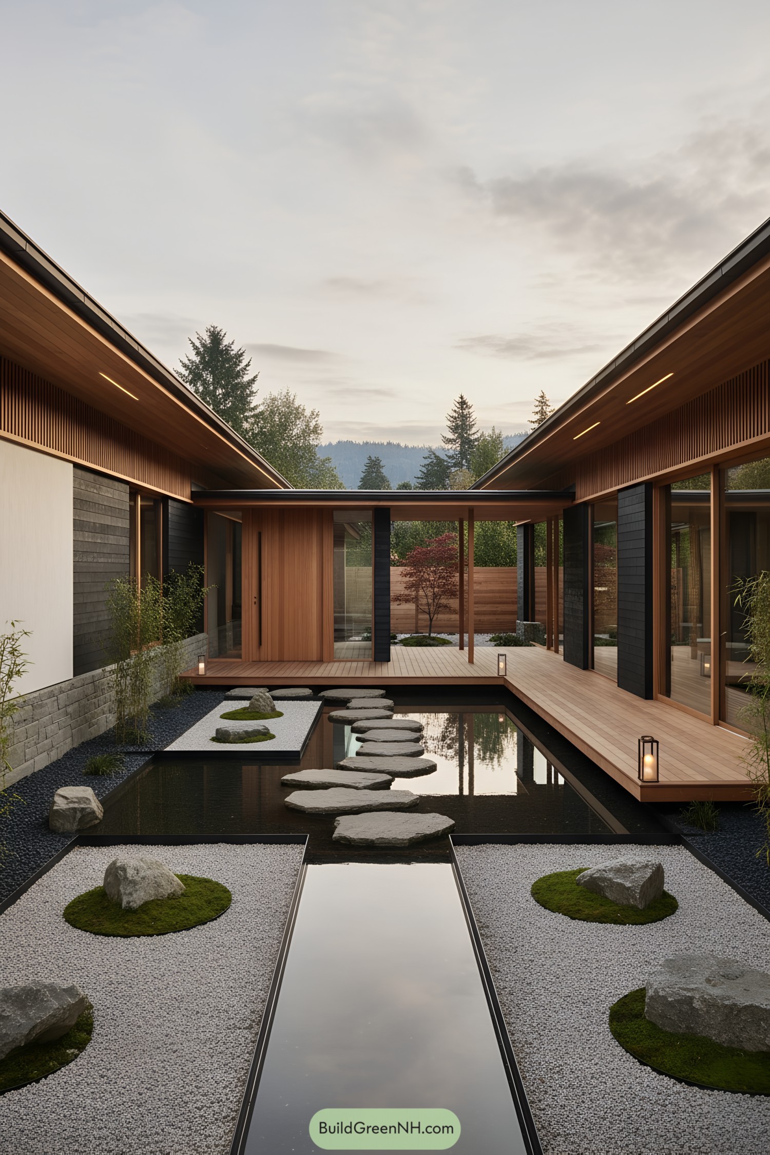 Wood-clad courtyard home with stepping-stone pond and raked gravel beds