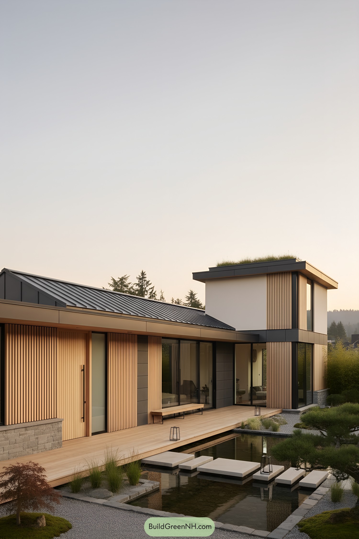 Minimalist japandi house with timber slats, glass walls, pond, and stepping stones