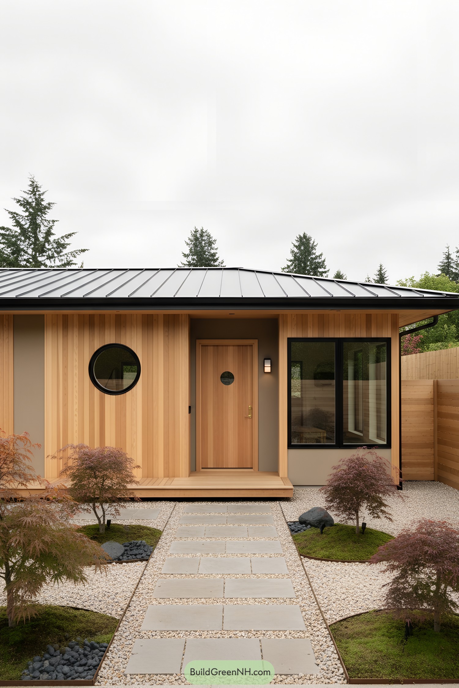 Minimalist cedar-clad entry with circular window and stone path