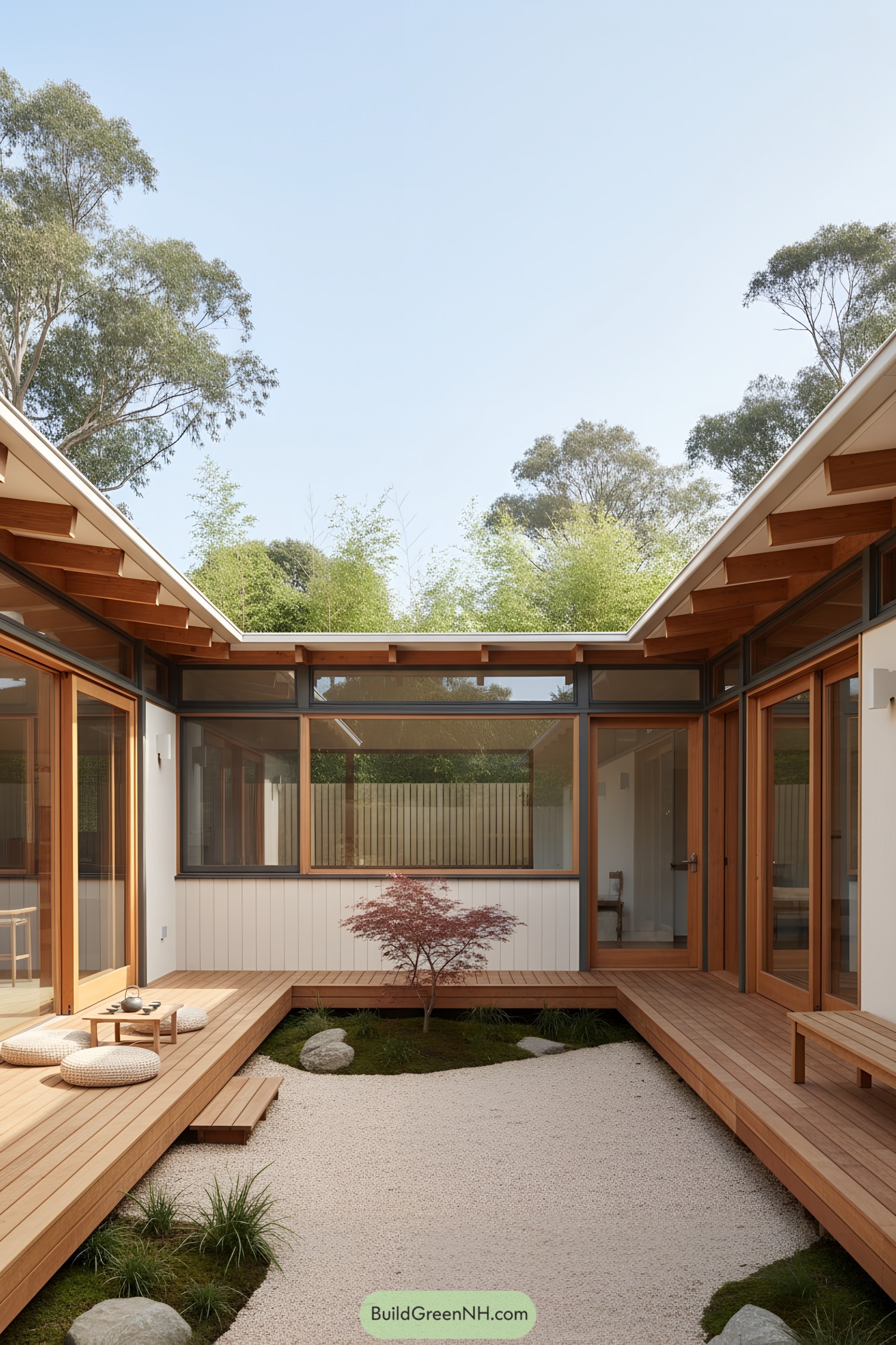 Minimalist courtyard framed by warm wood