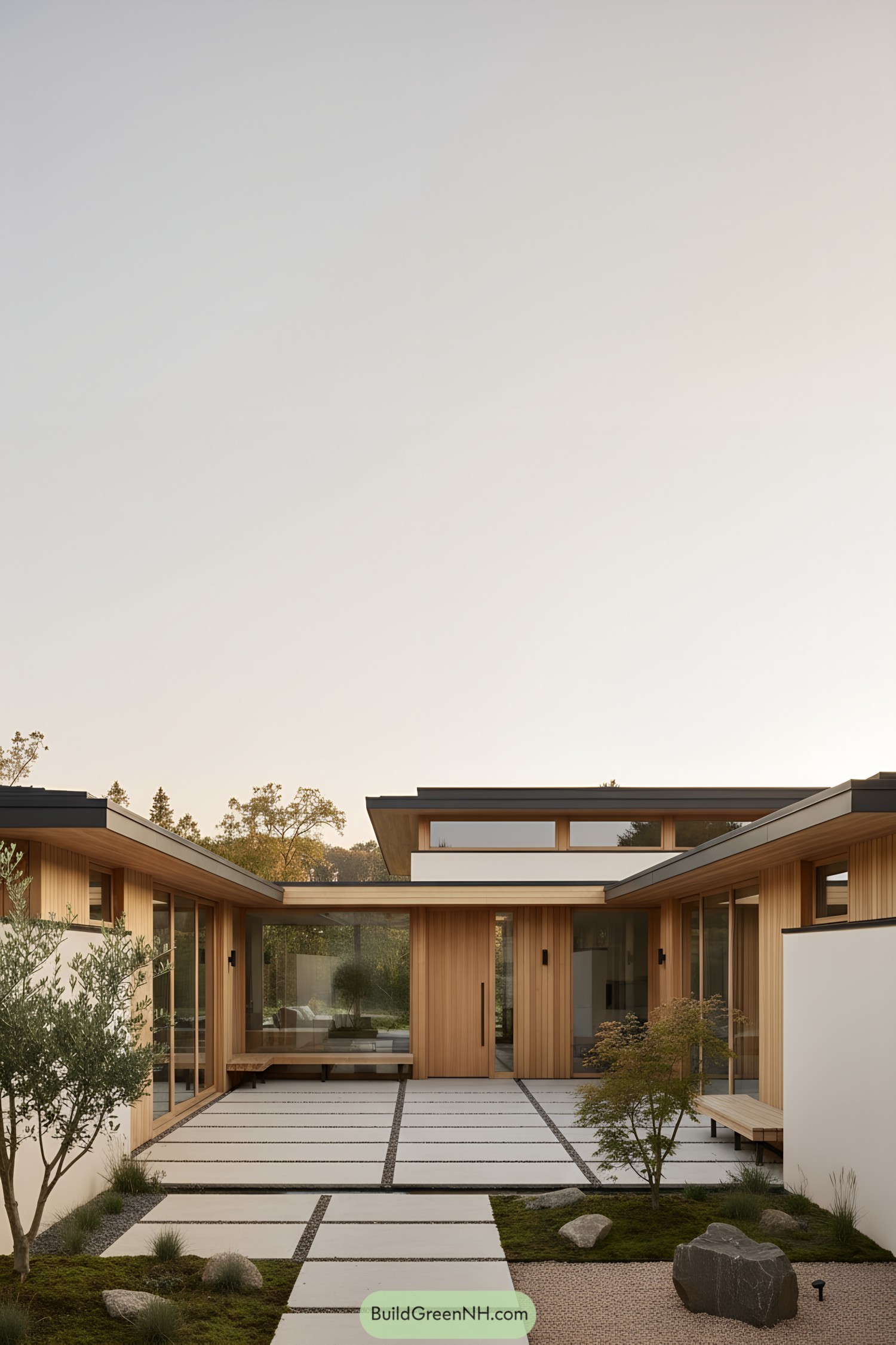 Minimalist courtyard with cedar siding and slab stone path