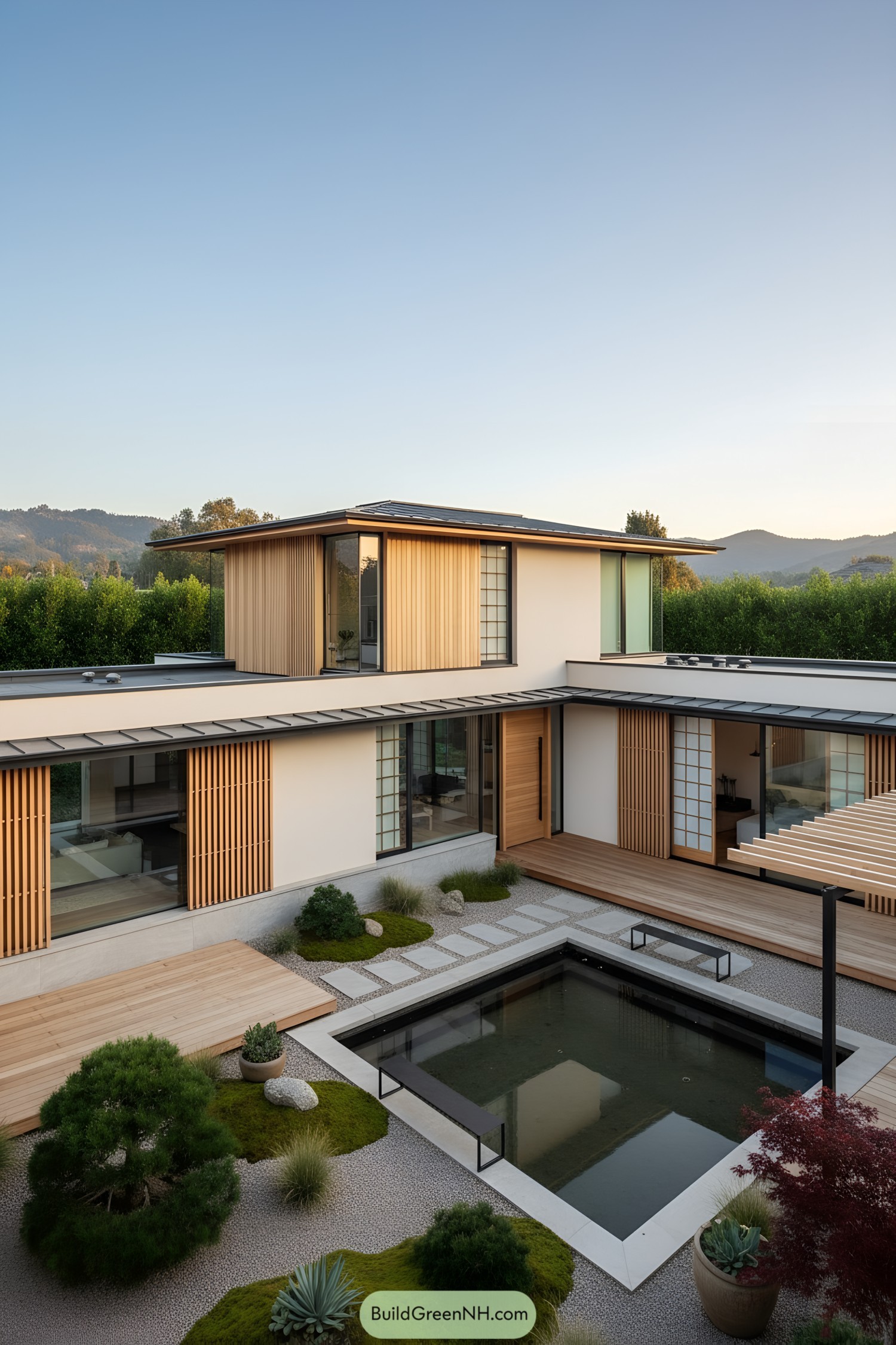 Minimalist courtyard home with timber screens and reflecting pool