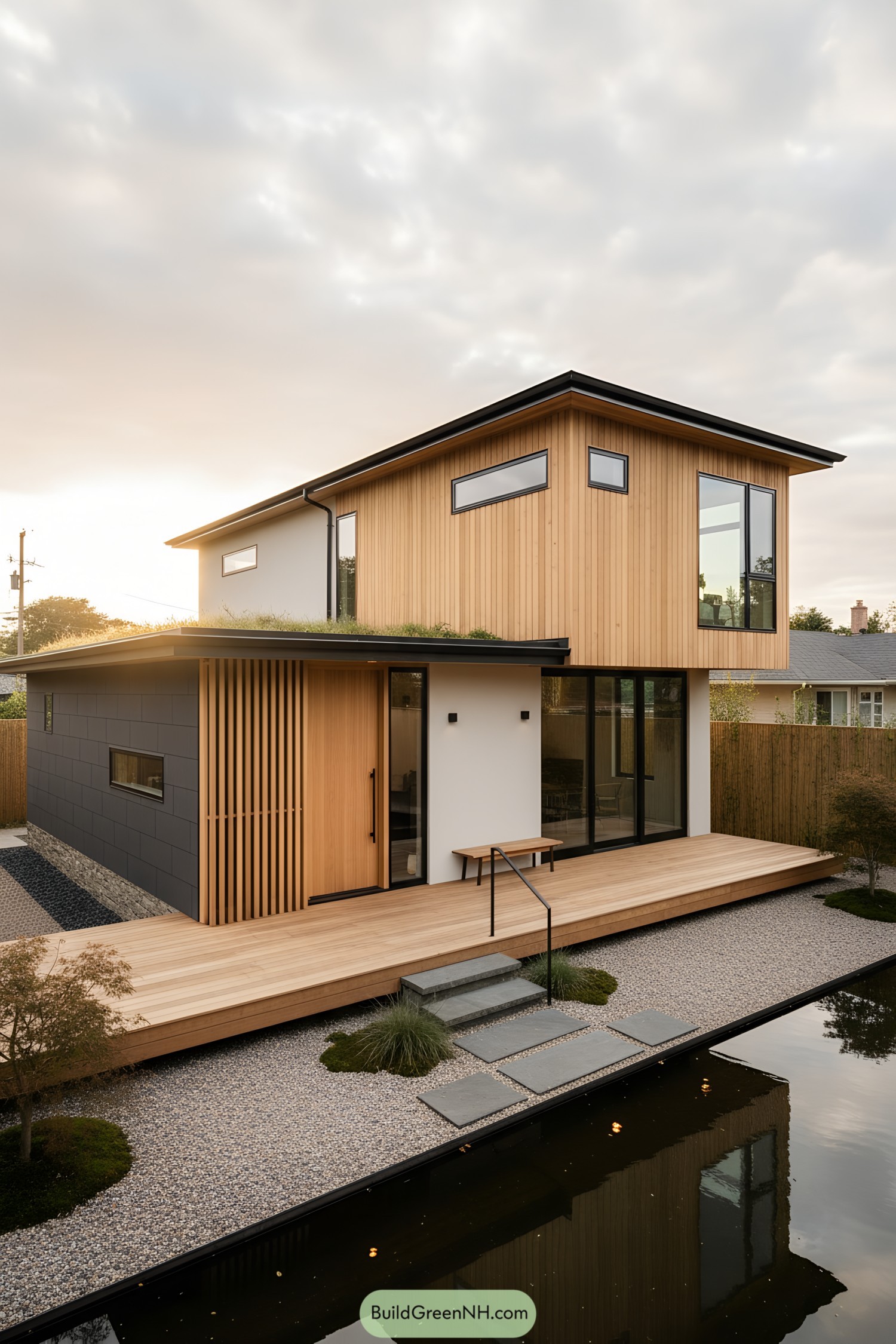 Two-story Japandi home with cedar cladding, black metal accents, and a reflecting pond in a gravel garden