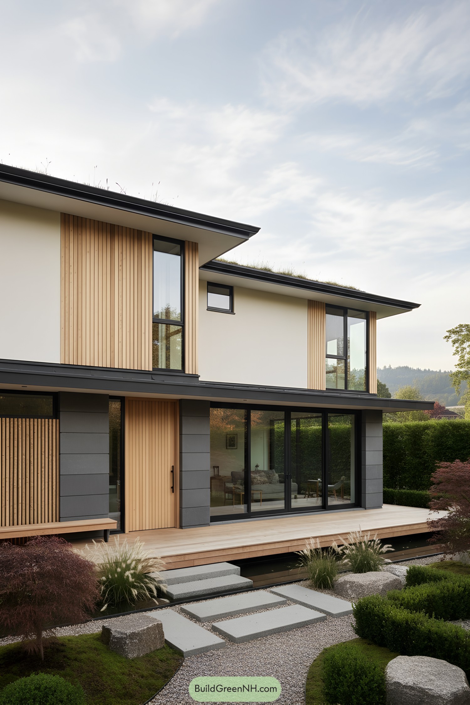 Two-story japandi home with light timber slats, wide overhangs, and a garden path of stepping stones over a narrow rill