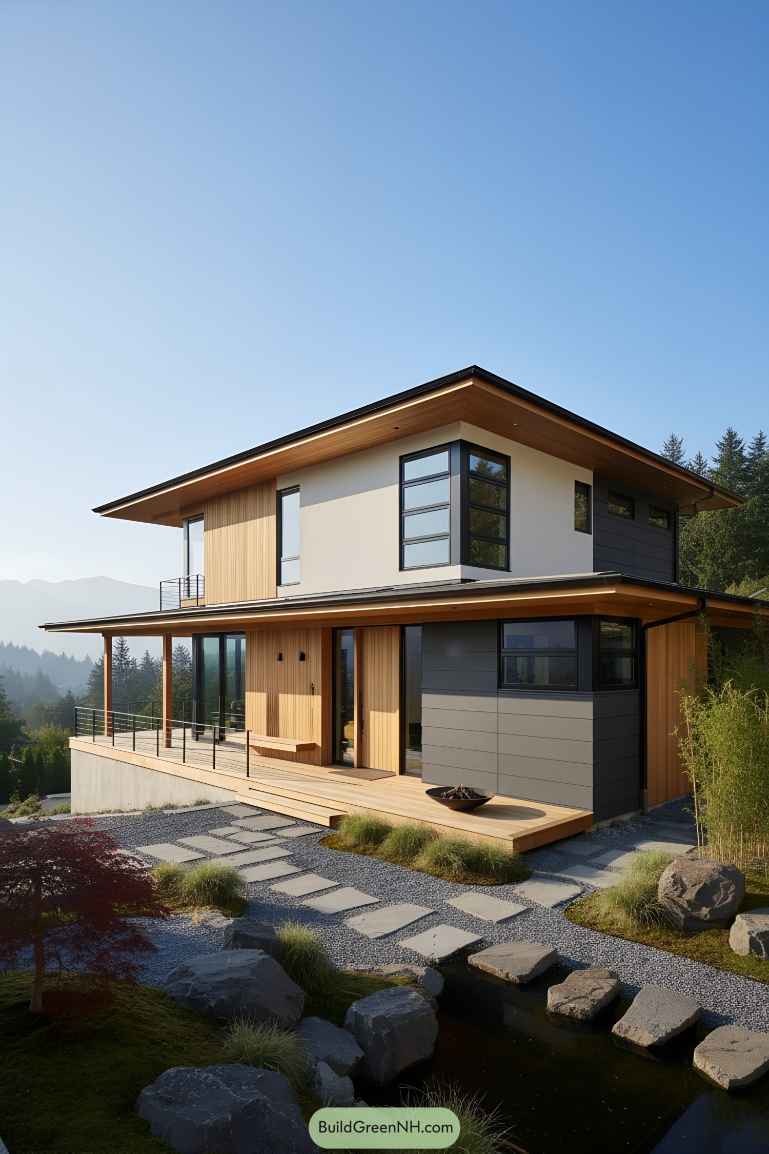 Two-story japandi home with broad eaves, cedar cladding, dark panels, and a stone path over a shallow rill