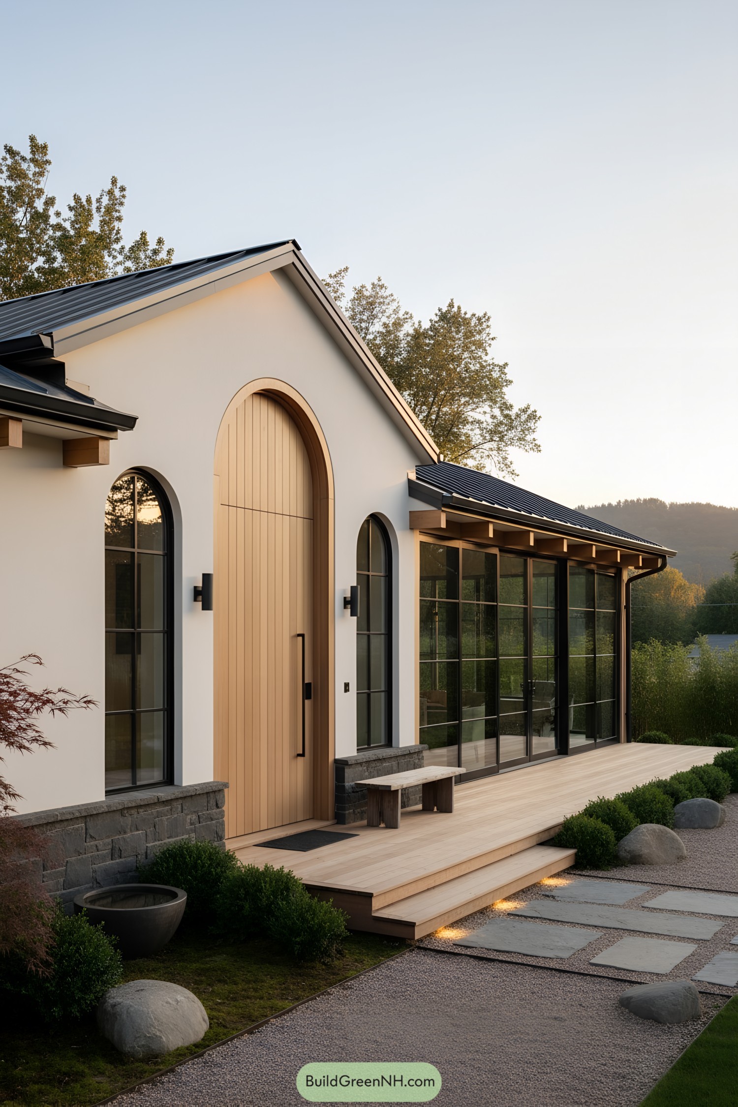 Modern japandi home with arched oak door, black-framed glass wall, and stone-accented base