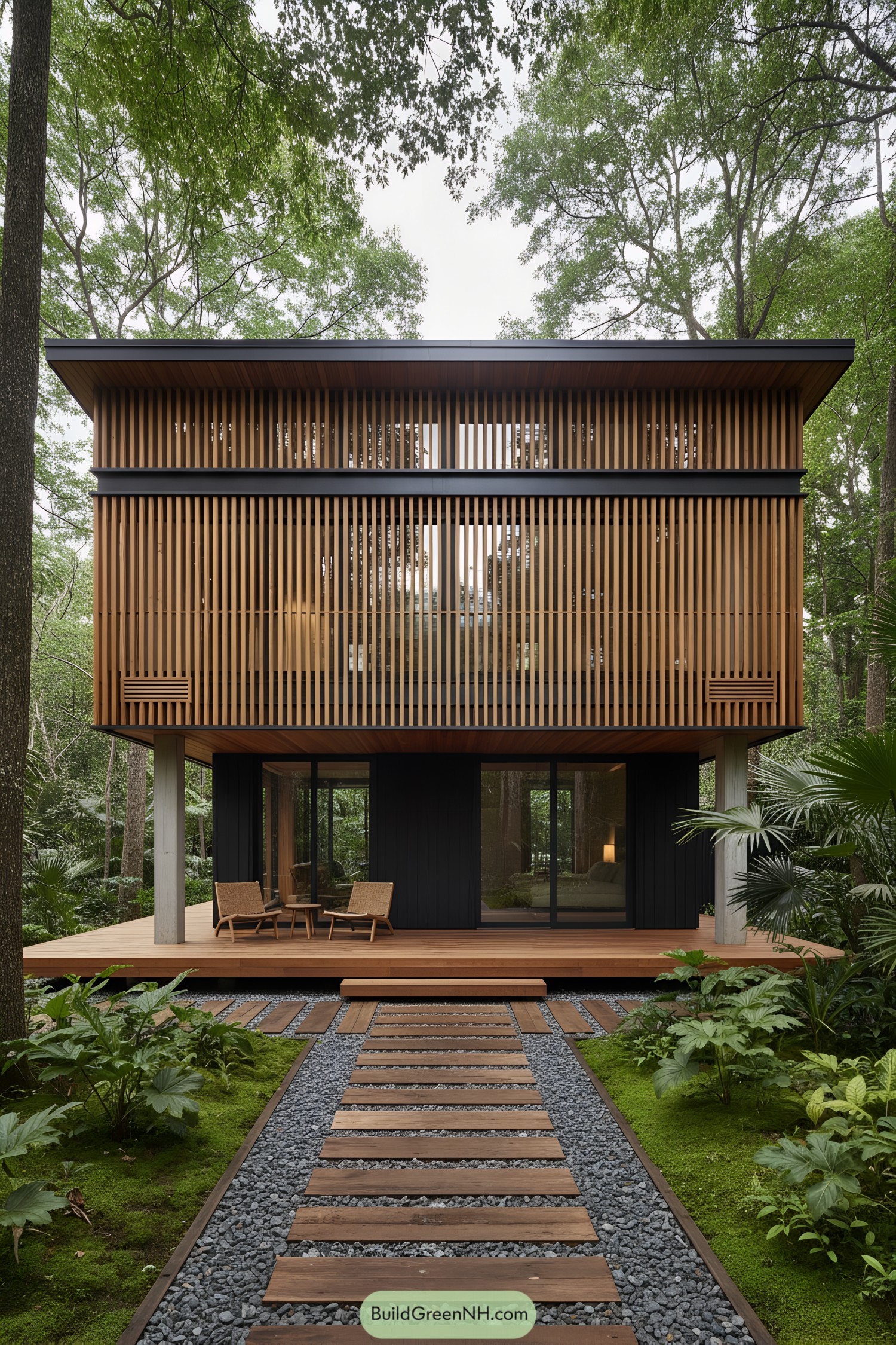 Two-story japandi house with timber slat facade, deep eaves, and a wood-and-gravel path through lush greenery