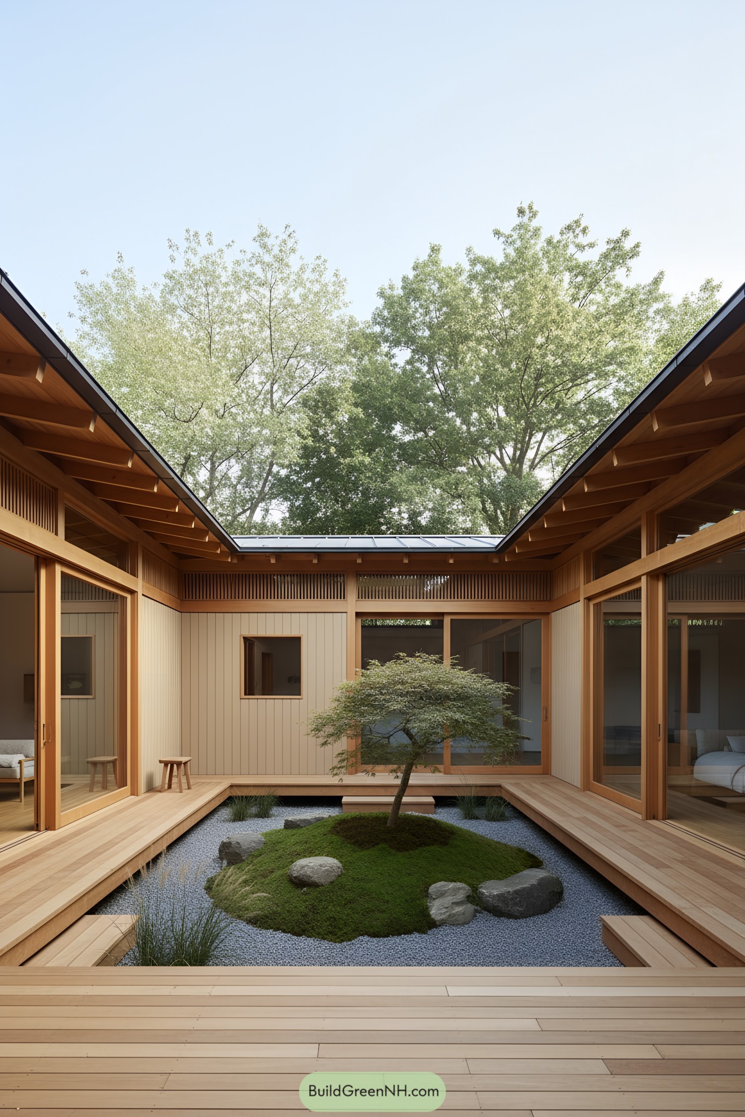 Open timber courtyard with moss mound and maple