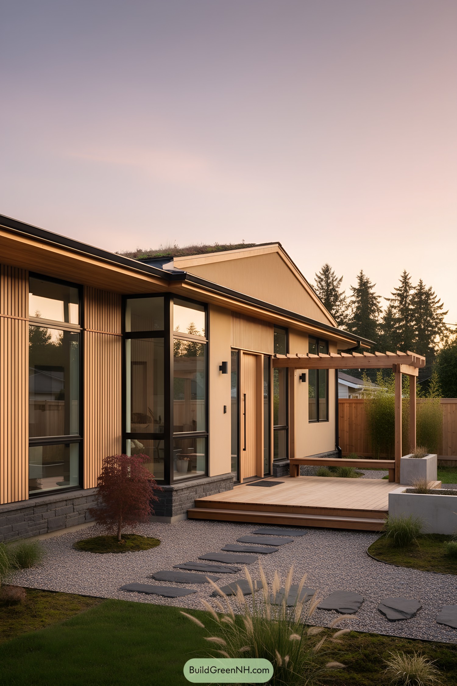Single-story japandi house with vertical timber cladding, large black-framed windows, pebble garden path, and a small pergola porch at dusk