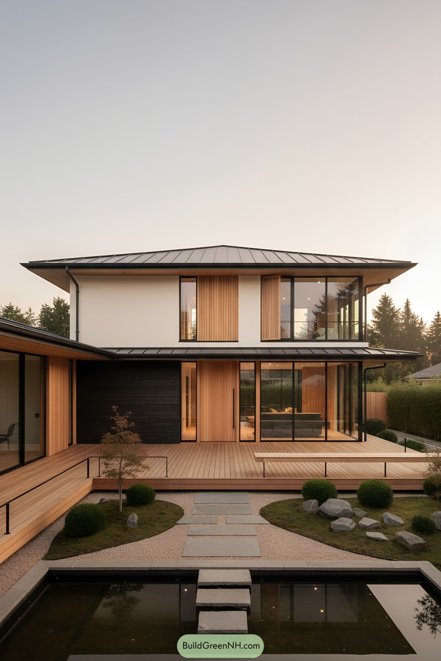 Two-story japandi home with wide eaves, cedar cladding, sliding glass, and a stone path over a reflecting pond