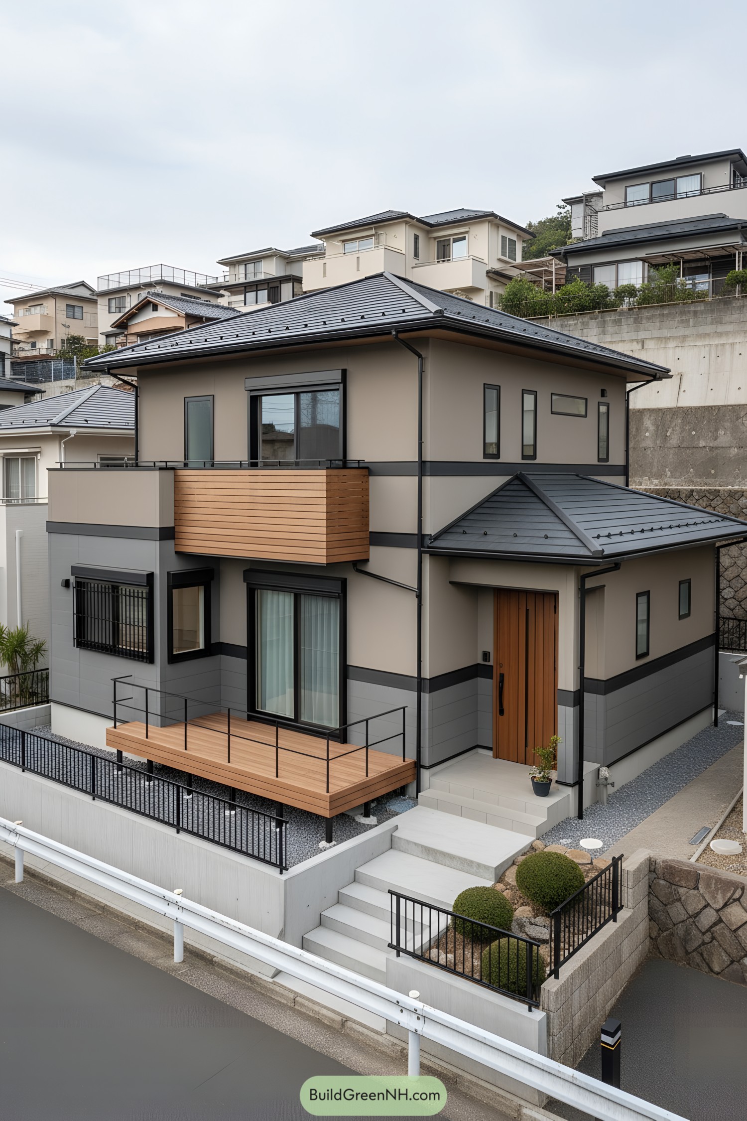 Two-story suburban house with gray siding, black trim, and wood balcony and deck. Stepped entry with small rock garden and metal railings on a raised lot