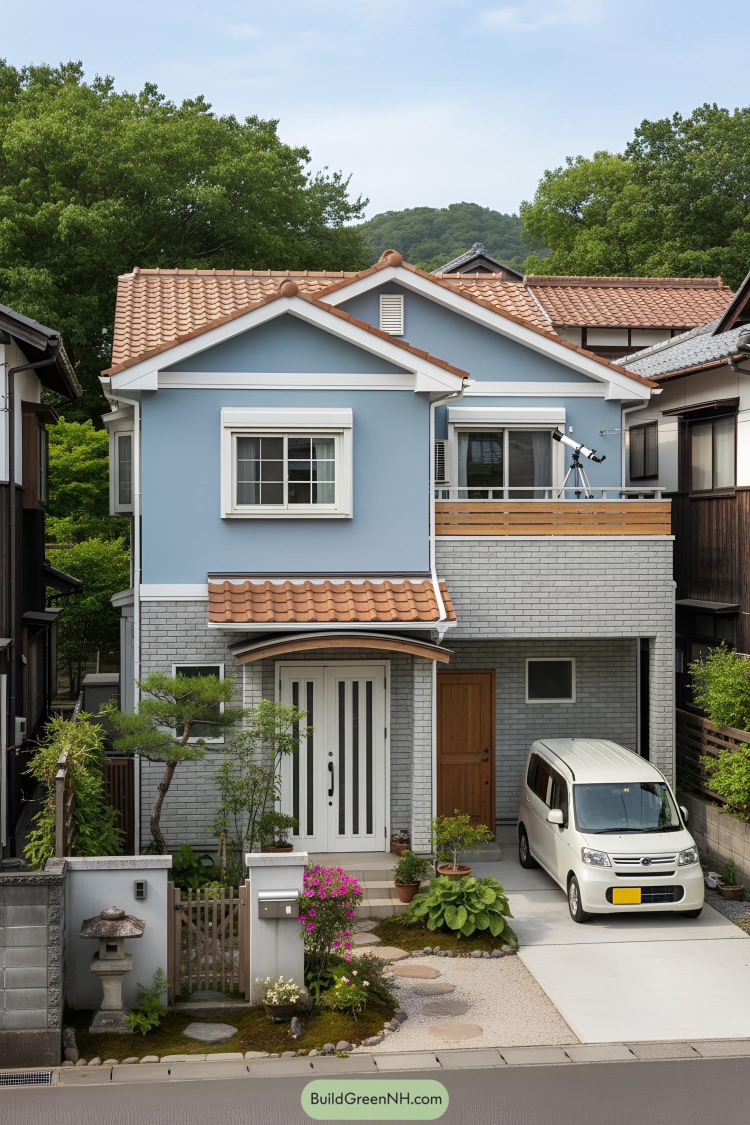 Two-story blue house with terracotta gables, gray brick base, and a small balcony with a telescope