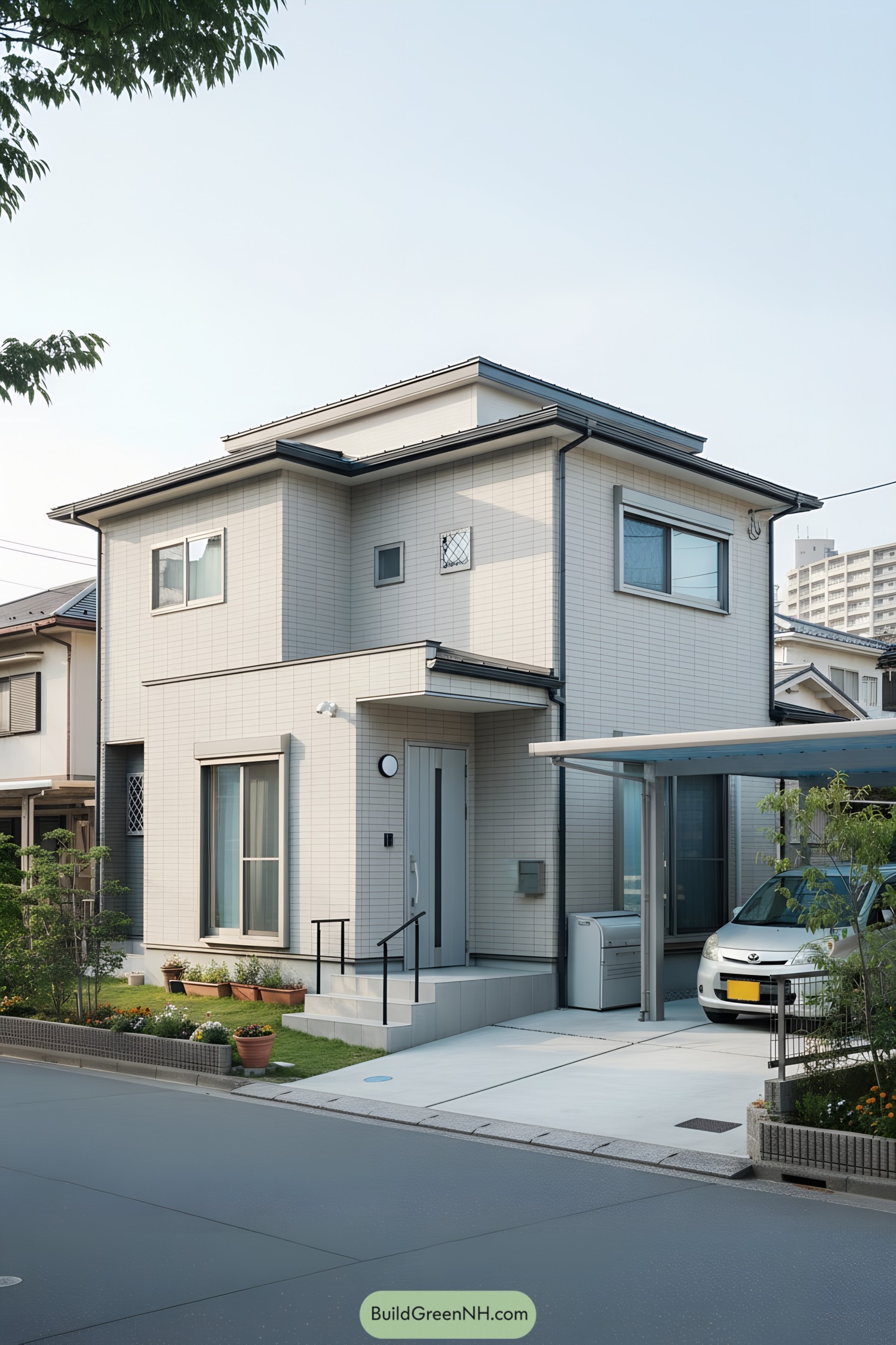 Two-story light-gray suburban house with tiered eaves, small porch, and carport