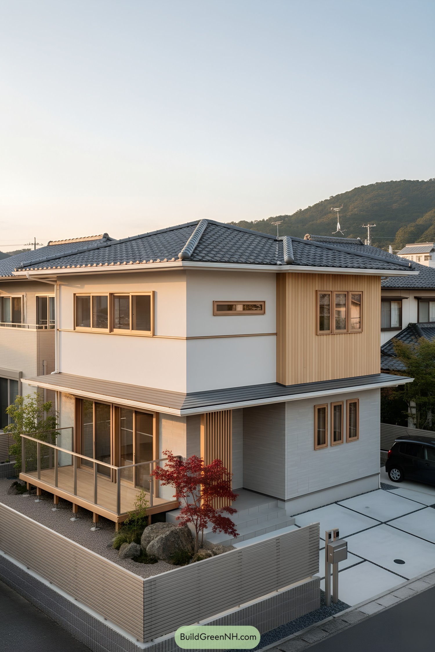 Two-story Japanese house with tiled roof, wood accents, and small garden