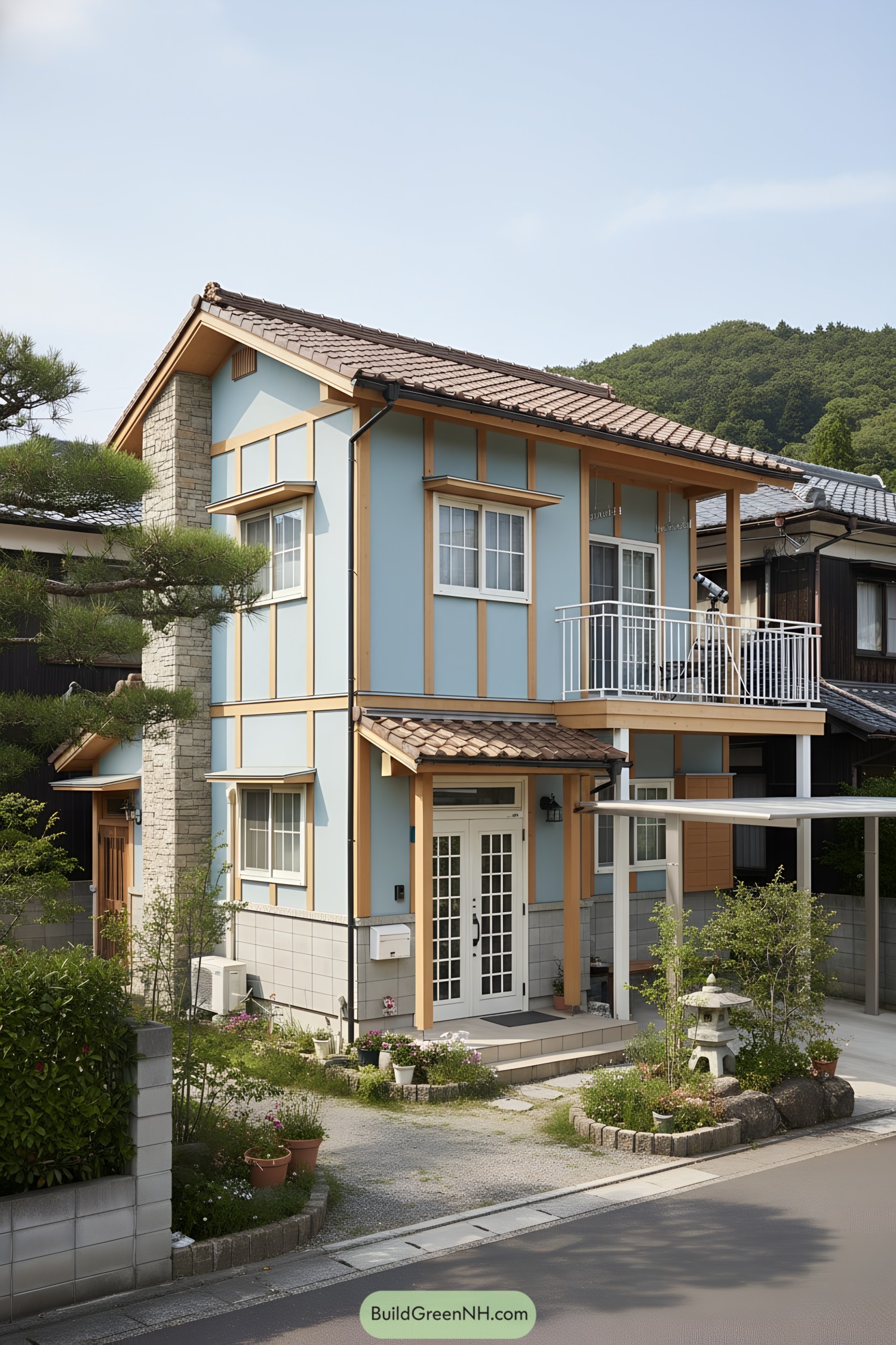 Two-story suburban house with blue siding, tan timber trim, and tiled roof