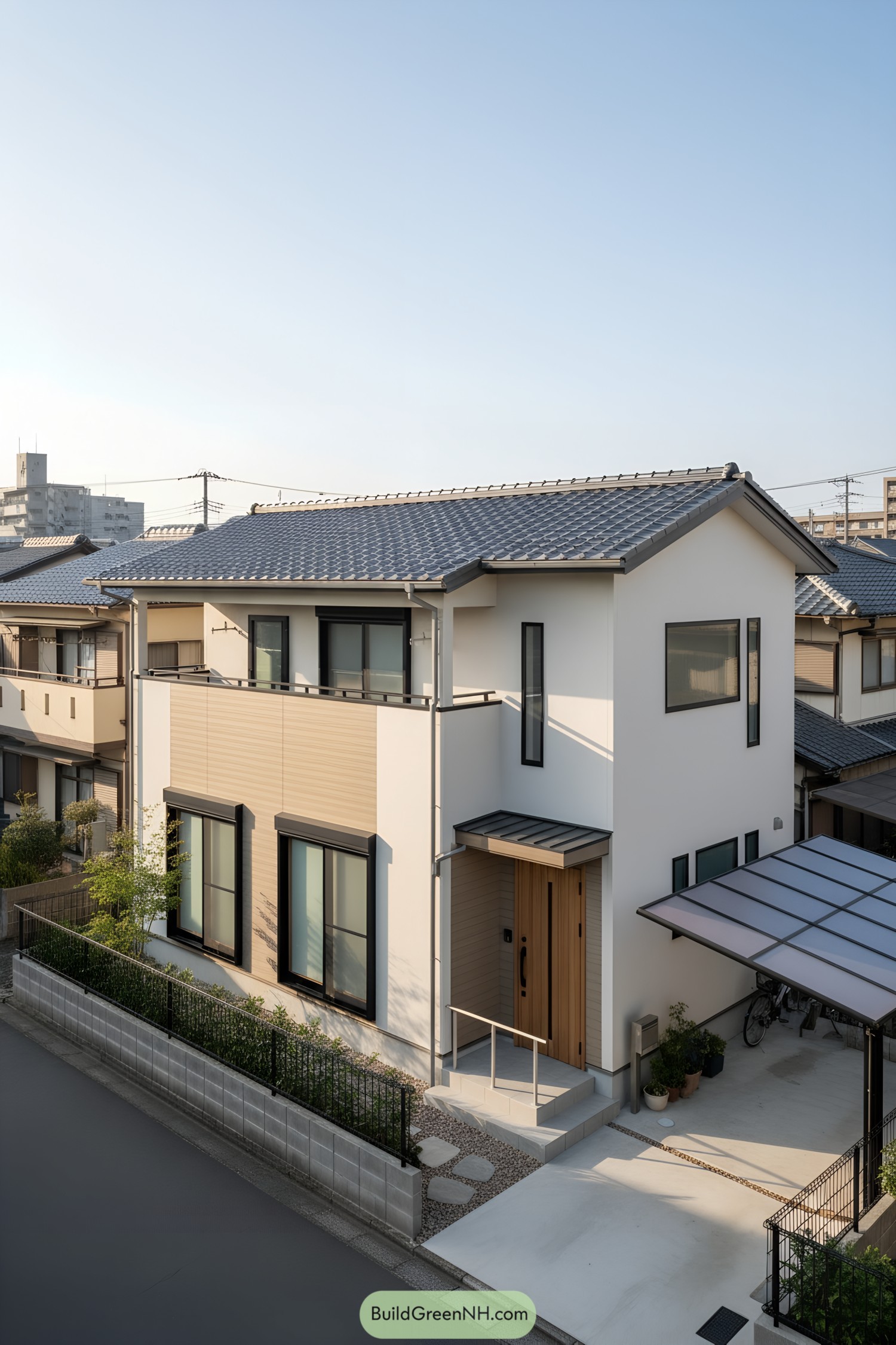 Two-story suburban Japanese house with tiled gable roof, pale siding, slim balcony, and compact carport