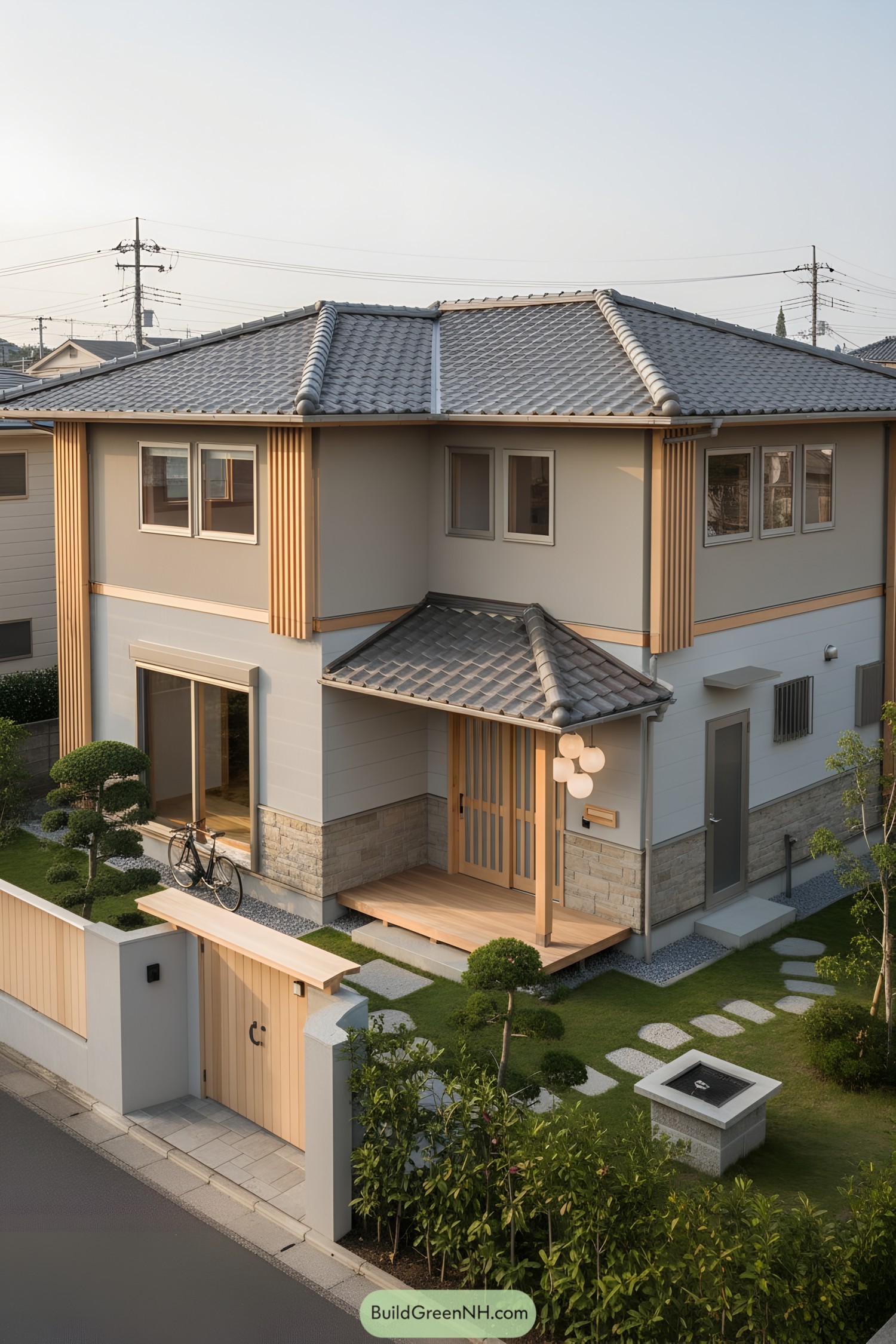 Two-story suburban Japanese house with tiled hipped roof, wood slat accents, and a lantern-lit entry porch