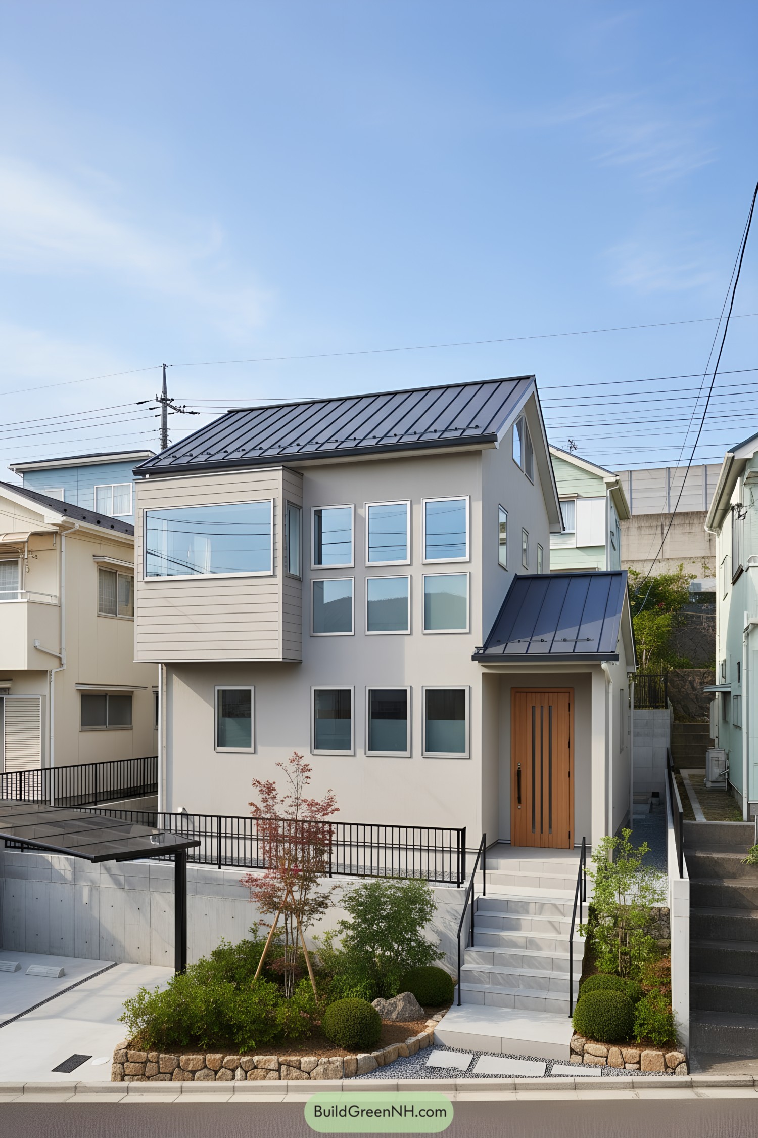 Minimalist suburban house with grid windows, cantilevered bay, and metal gable roof