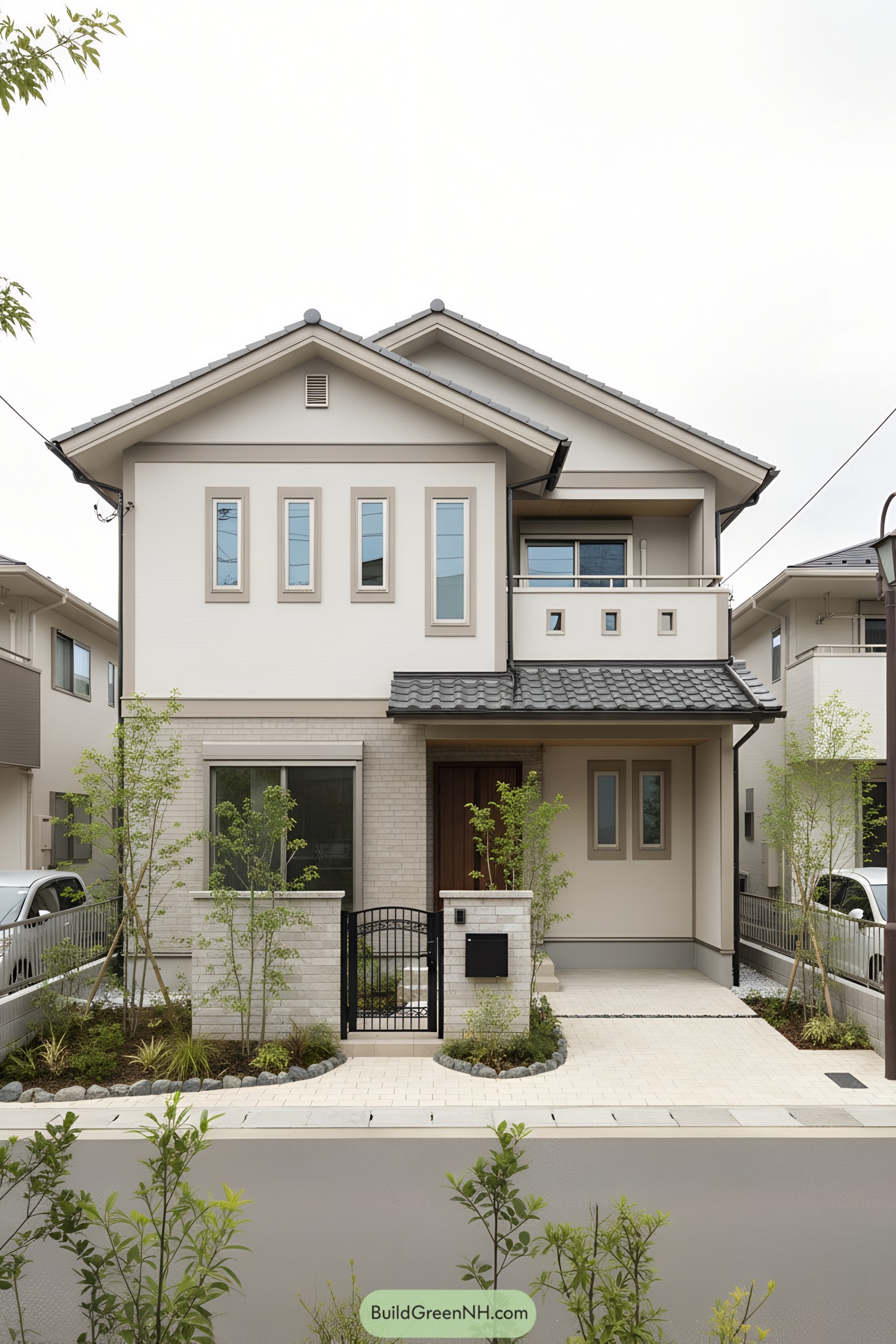 Two-story suburban house with twin gables, tiled porch, and small balcony
