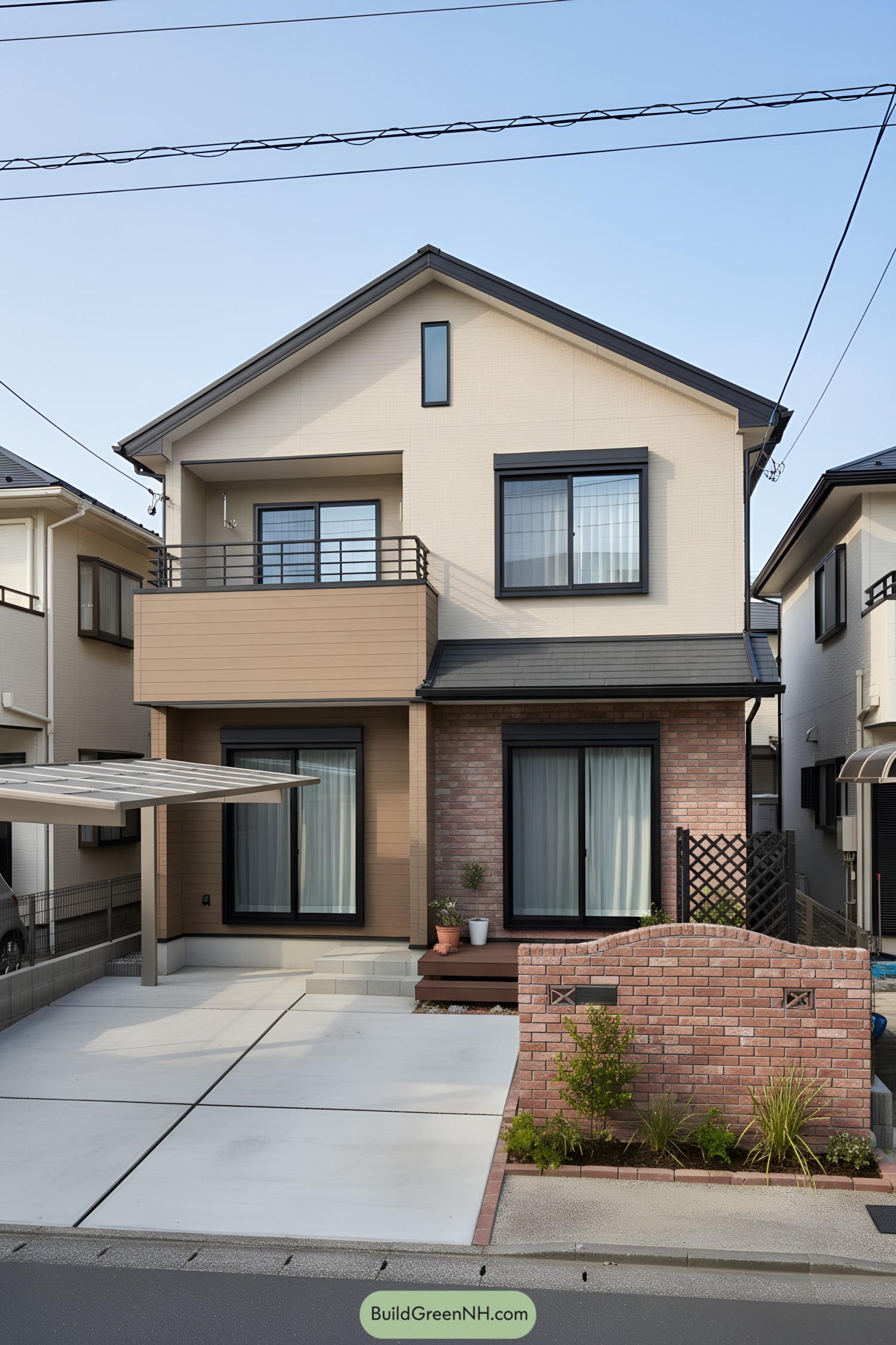 Two-story suburban house with gable roof and mixed brick and beige siding, front balcony, and small garden wall