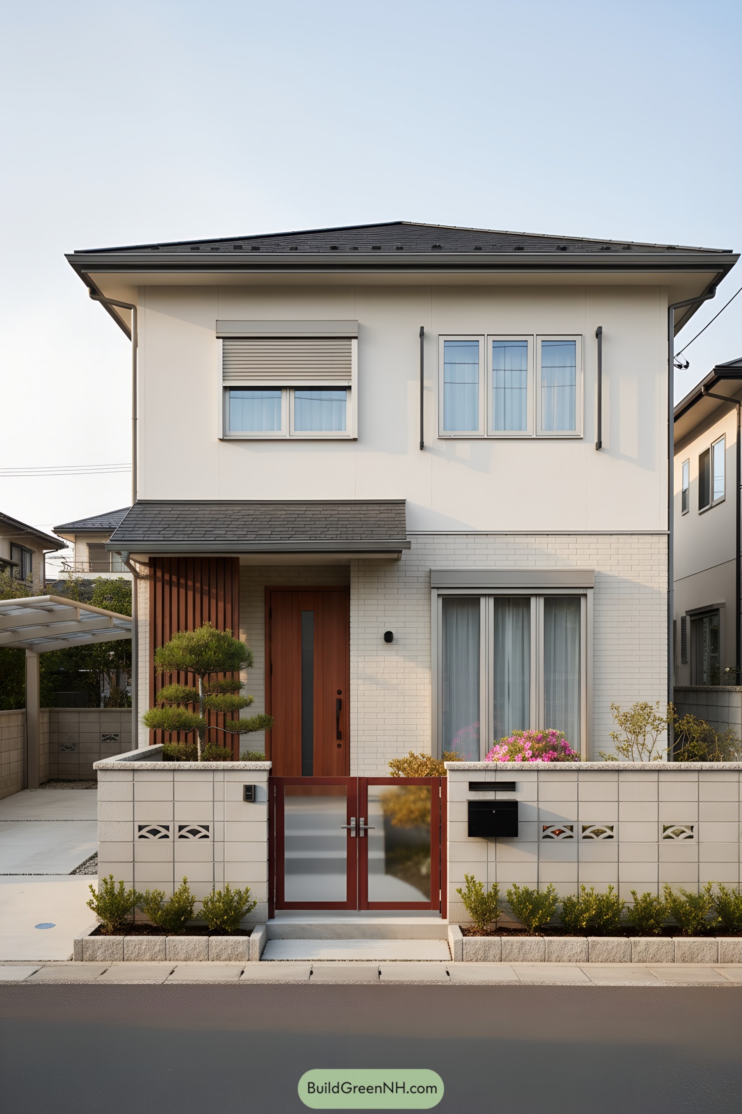 Two-story Japanese house with clean lines and gated entry