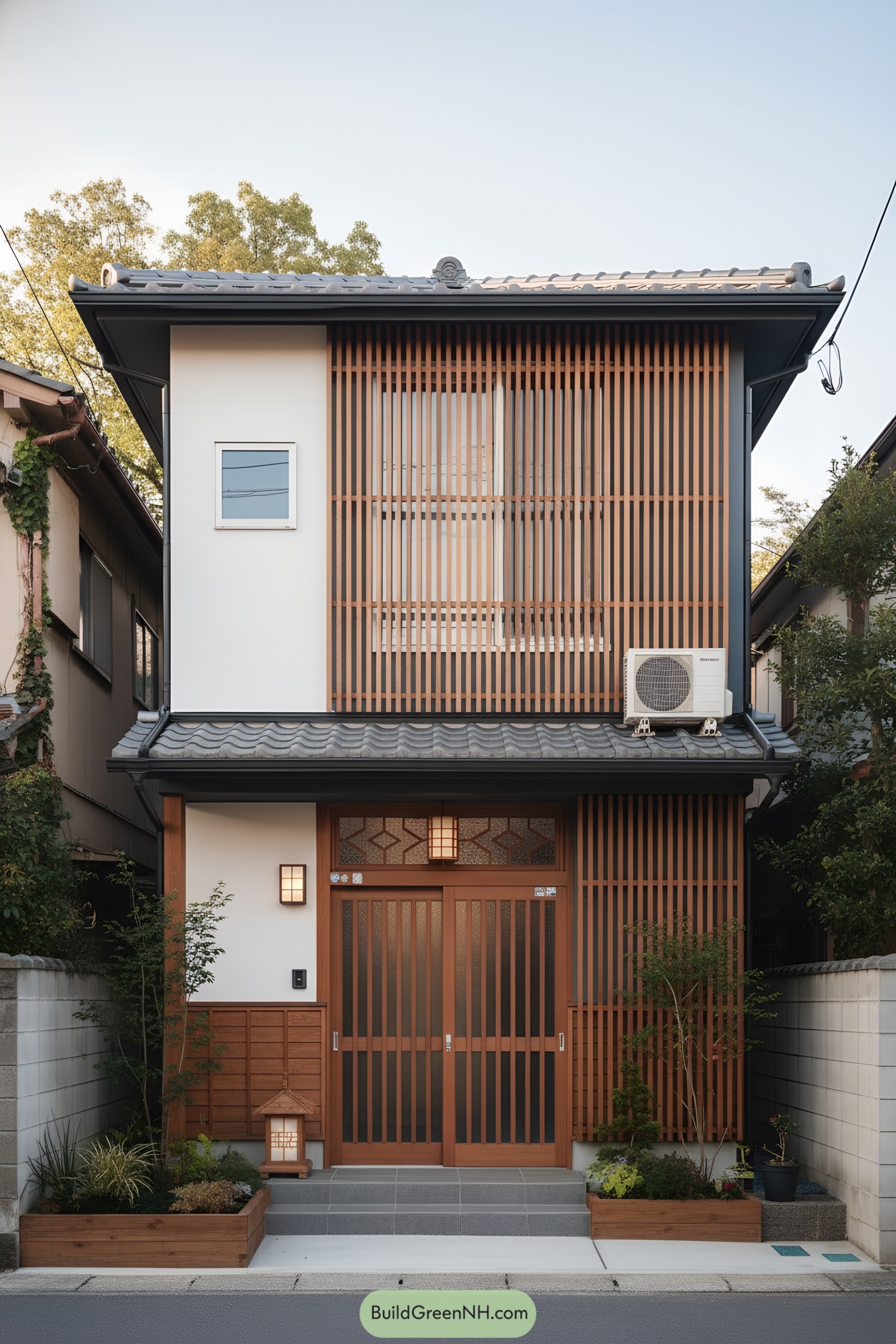 Compact two-story house with vertical wood slats, tiled eaves, and sliding lattice doors