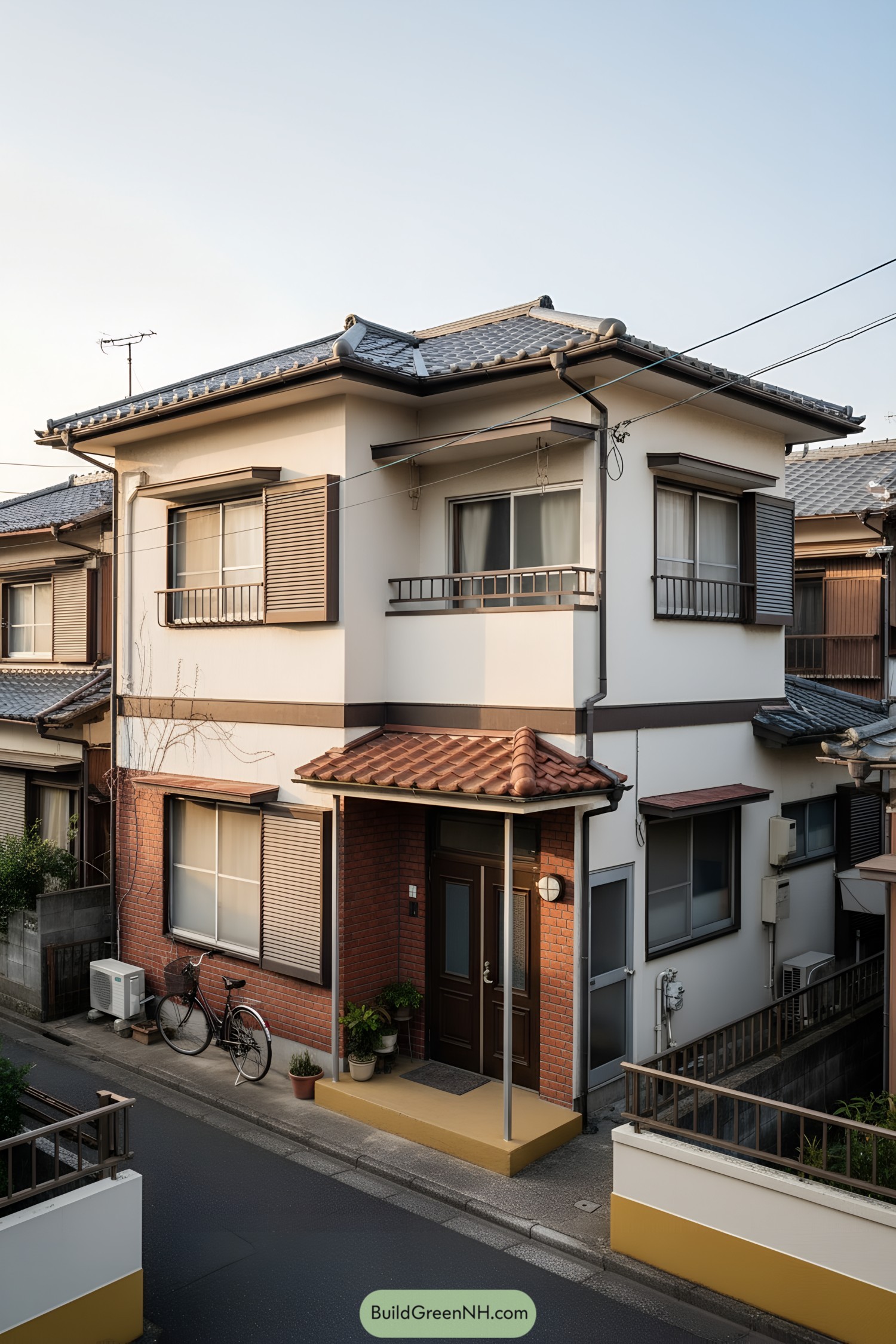 Two-story suburban Japanese house with tiled roof, brick base, and sliding shutters along a narrow street