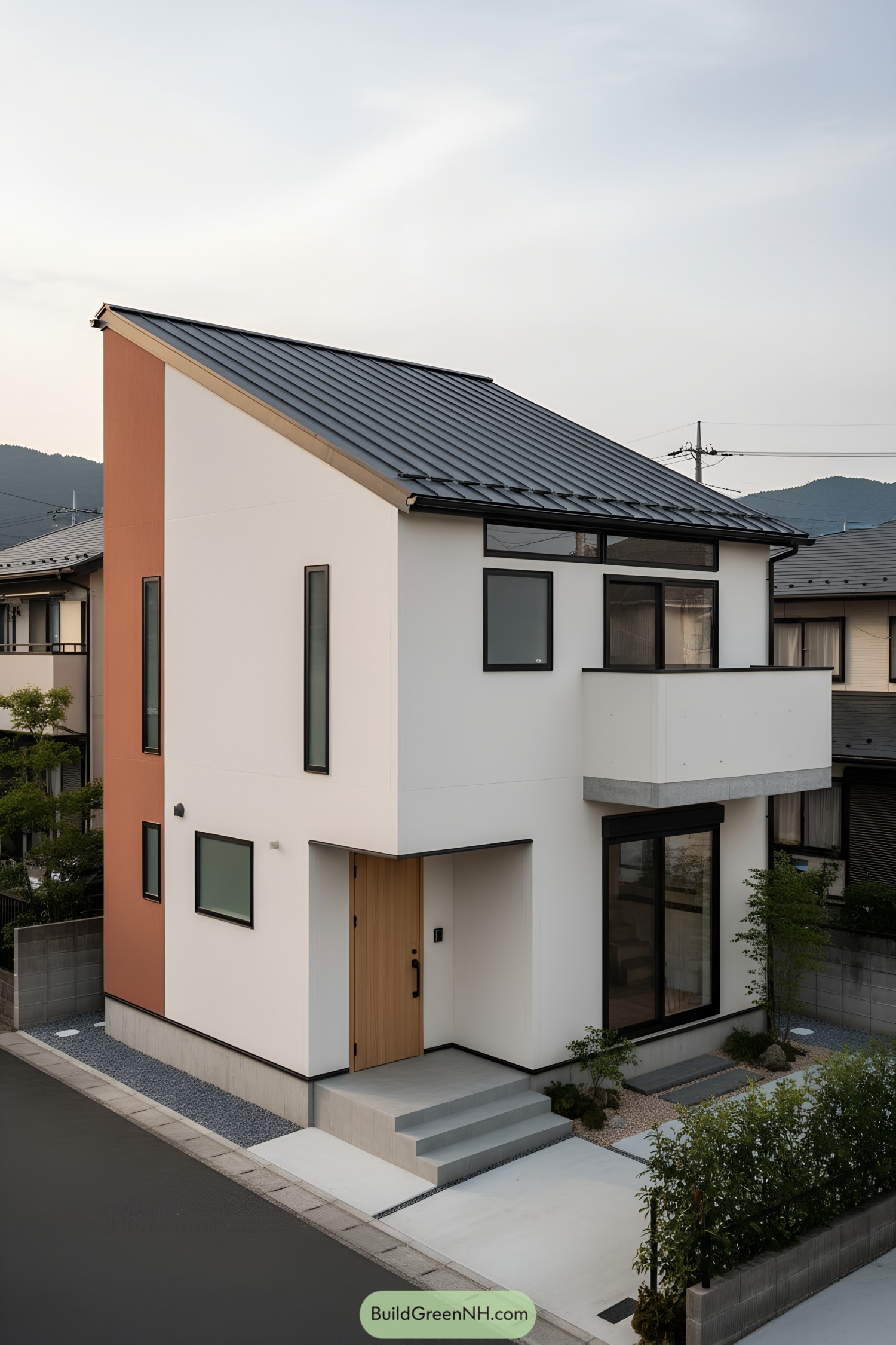 Minimal two-story house with sloped metal roof and small balcony on a suburban corner